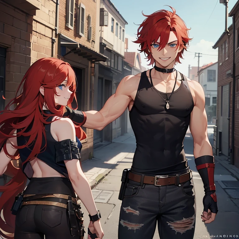 ((1 man, messy red hair, blue eyes)),((with a black tank top, ripped brown pants)),((with a belt, black fingerless gloves)),((with smile)),standing medieval street by day