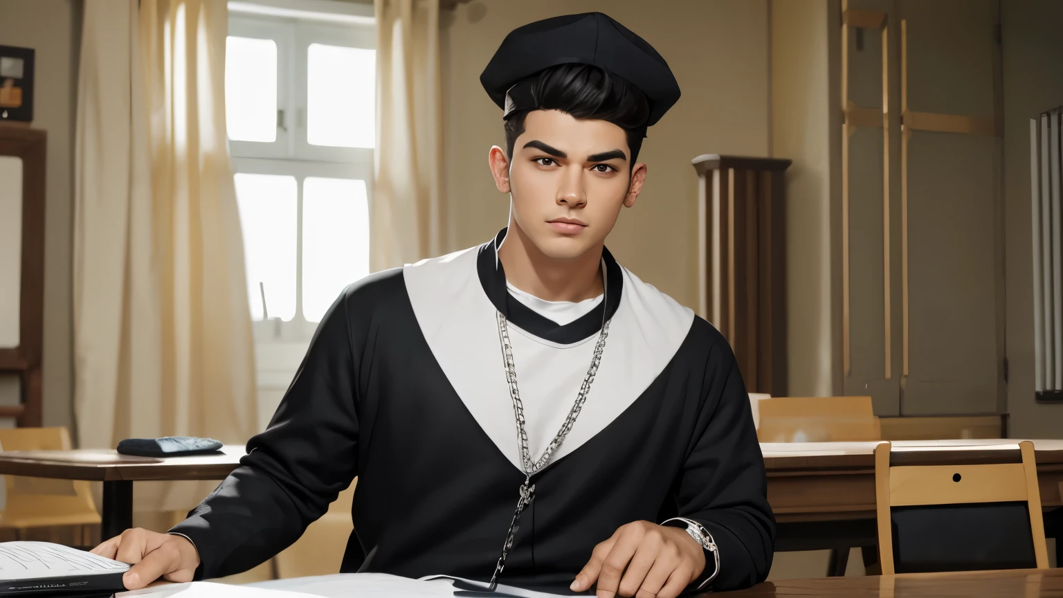 a boy standing full body white undershirt baggy jeans his neck chain with black linen, A black cap. thick eyebrows, sybil riz face shape relatively fit body but not too big, animation, face to face He looks at the audience behind desk (a boy) He is sitting at the table and looking at the camera