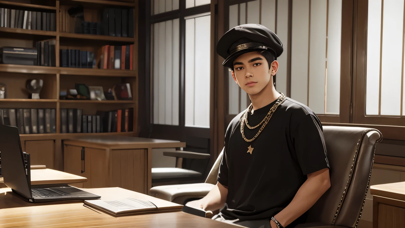 a boy standing full body white undershirt baggy jeans his neck chain with black linen, A black cap. thick eyebrows, sybil riz face shape relatively fit body but not too big, animation, face to face He looks at the audience behind desk (a boy) He is sitting at the table and looking at the camera