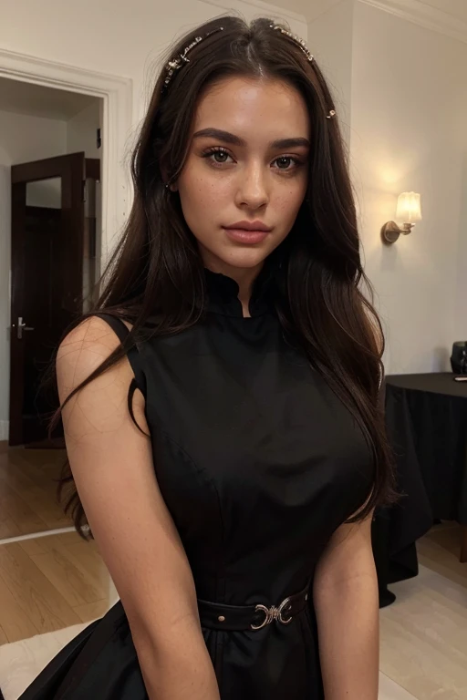 ((best quality)), ((masterpiece)), (detailed), perfect face realistic photo of beautiful woman with long dark brown hair, Russian, influencer, light freckles, dark brown eyes, big lips, no makeup, instagram, in a black dress posing for a picture, instagram, with sparkling gems on top, 👅 👅, wearing a cocktail dress, high quality detail, white and black, black matte finish, best selling, elegant fabric, elegant corset, long dress female, black and silver, black and brown, sleeveless, business attire, maid dress, dainty, nice