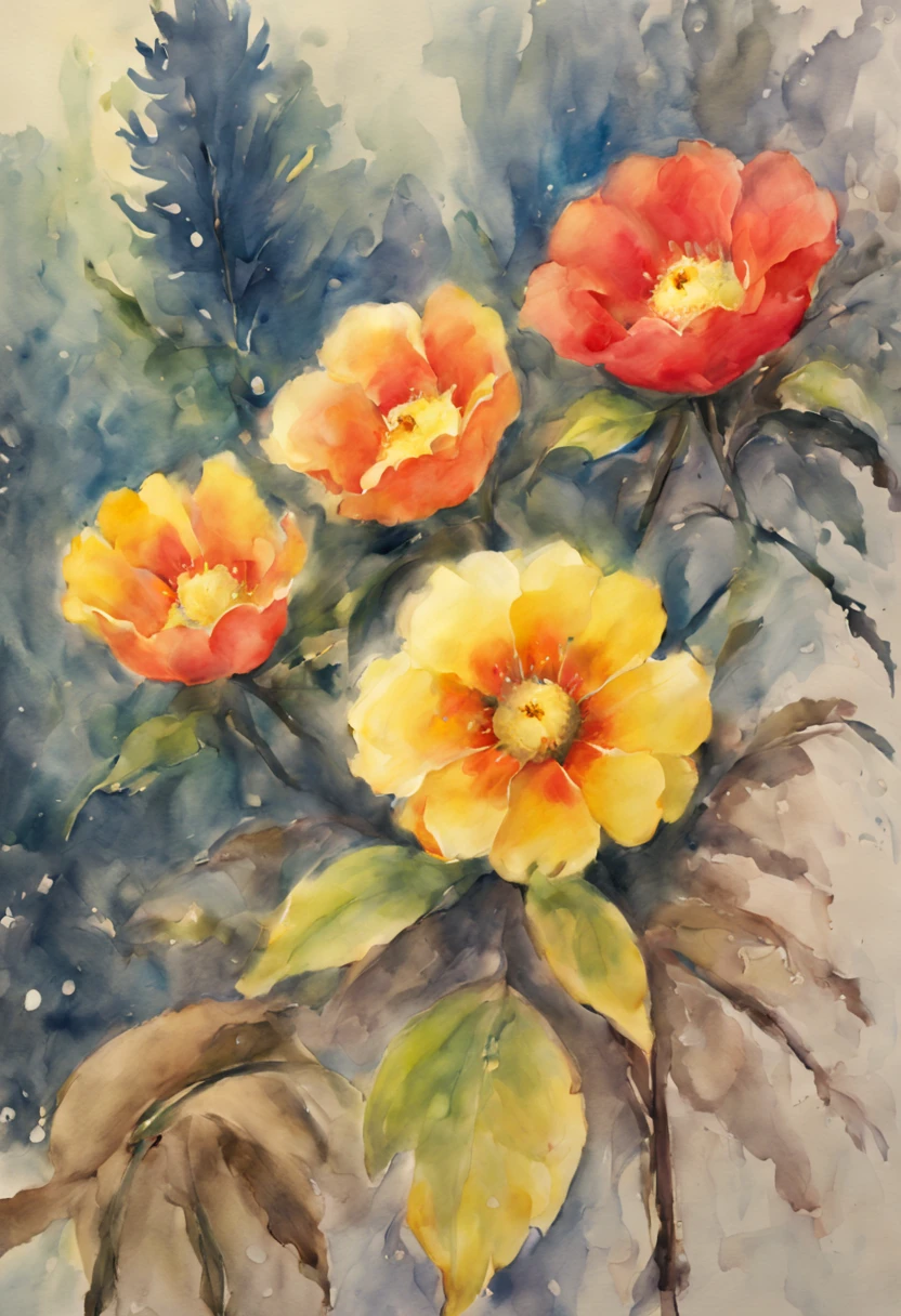 (best quality, highres, ultra-detailed, realistic:1.37), watercolor painting of vibrant flowers, delicate brushstrokes, intricate floral patterns and details, vivid and rich colors, soft and translucent layers, peaceful and natural atmosphere, subtle blending of hues, varied petal shapes and sizes, droplets of water on petals, intricate leaf veins, realistic watercolor texture, subtle interplay of light and shadow, graceful and flowing composition, gentle brushwork, detailed and accurate depiction of flower anatomy, lifelike depth and dimension, elegant and organic forms, ethereal and dreamy quality, serene and calming ambiance, expertly captured delicacy of petals, natural-looking translucency, blooming flowers in a garden, fresh and fragrant floral bouquet, joyous celebration of nature's beauty, artistic interpretation of botanical wonders