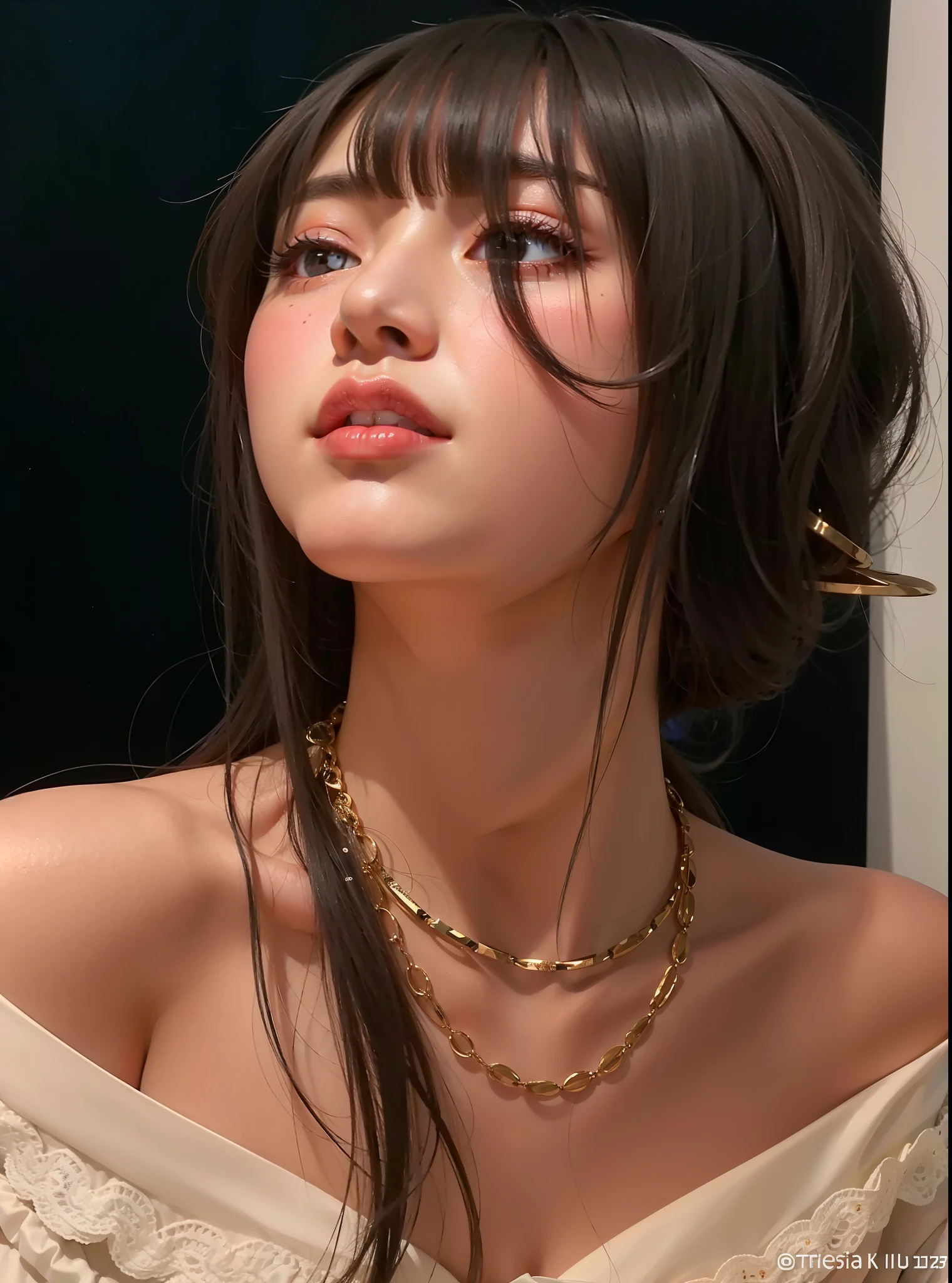 araffe woman with long hair wearing a white dress and a collar, flequillo de cortina, bae suzy, dilraba dilmurat, Jinyoung Shin, billie eilish, jisoo de blackpink, imagen de perfil, usando gargantilla, imagen filtrada, sha xi, Dua Lipa, tomada a principios de la década de 2020, collar, retrato de jisoo rosa negro, jennie rosa negro