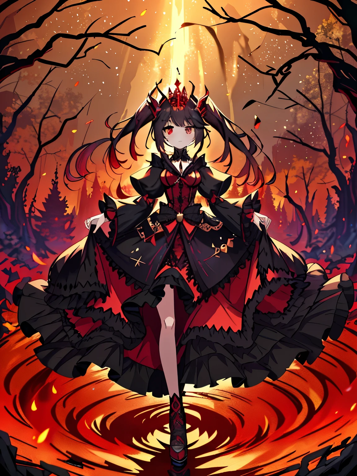 (best quality,4k,8k,highres,masterpiece:1.2),ultra-detailed,(realistic,photorealistic,photo-realistic:1.37),Female Demonkögin,dangerous and seductive,fiery red eyes,piercing stare,sharp and pointy teeth,elegant and flowing black hair,horns emerge from her temples,she wears a regal golden crown and a flowing dark cloak with intricate patterns,her skin is pale and flawless,she possess a pair of black wings,standing in a dark and mystical forest,illuminated by a dim moonlight,surrounded by gnarled trees and eerie mist,the air is filled with a sense of mystery and danger,her presence exudes power and authority,her expression is confident and alluring,her fingers adorned with golden rings,each step she takes leaves a trail of smoldering footprints,the atmosphere is filled with a combination of fear and fascination,enhanced by the sounds of howling wind and distant whispers,the colors are predominantly dark and muted,with hints of deep red and gold accents,creating a foreboding and captivating atmosphere.