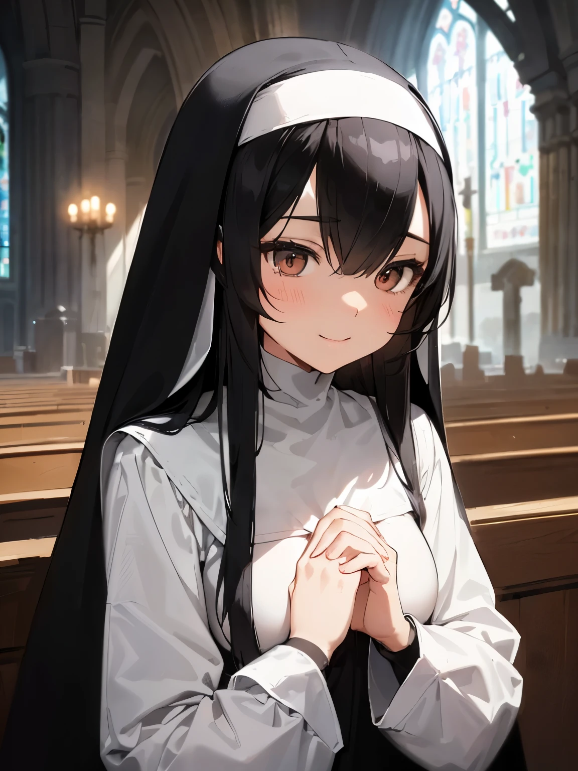 High resolution、Super detailed、Illustration cute、(１black haired woman、long straight hair、slender body shape、small breasts、nun)、smile、church with light、Lighting from behind、look up、(close your eyes)、(Fold your hands in front of your chest)、Get on your knees、High definition、Detailed texture description