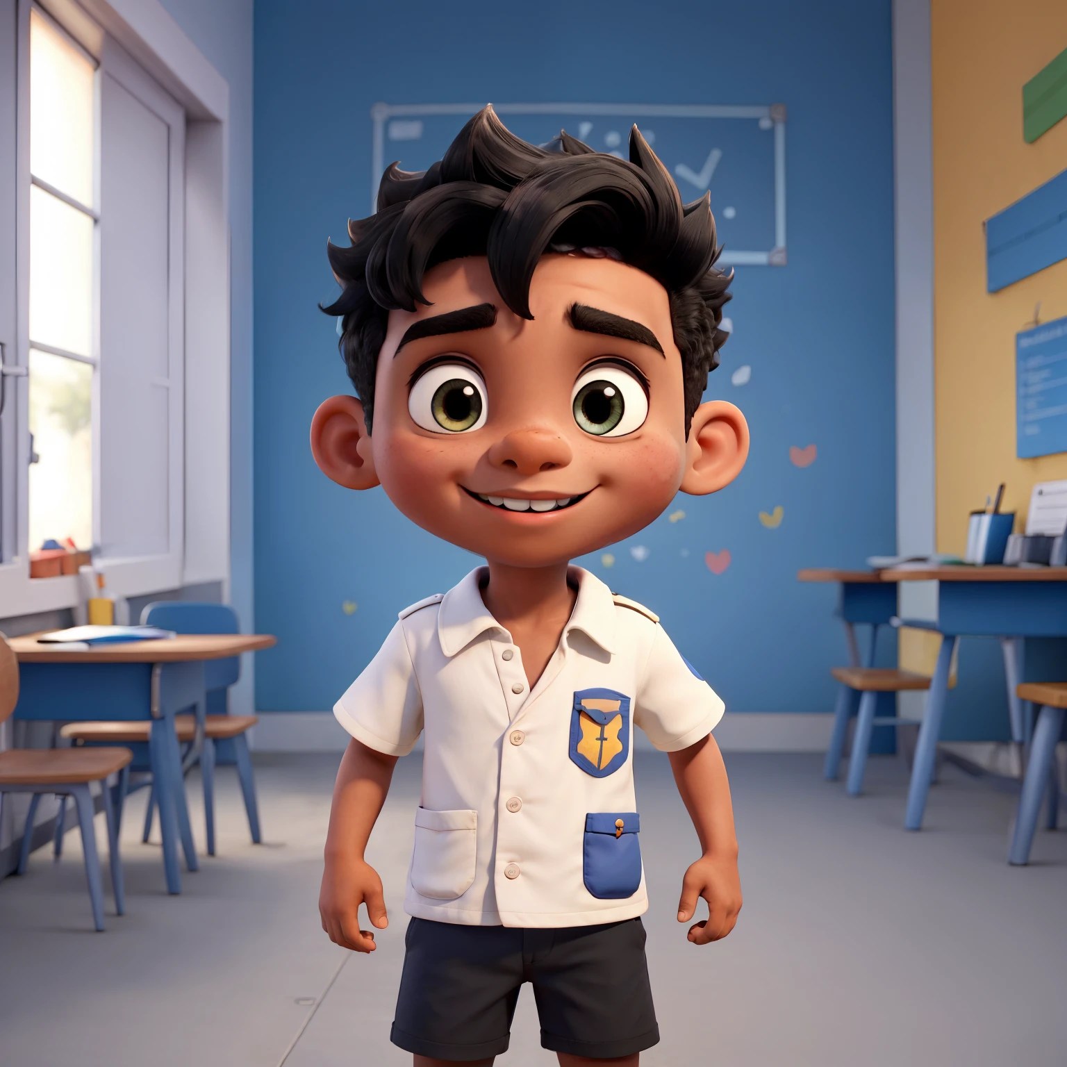 guttonerdvision3, drawing of a boy with 3 years old glasses, detailed face, light smile, social clothing and tie, dark brown eyes, half body, chibi style, in a television news environment, image cenyro, drawing by alex ross, unreal engine, 8k, background blur