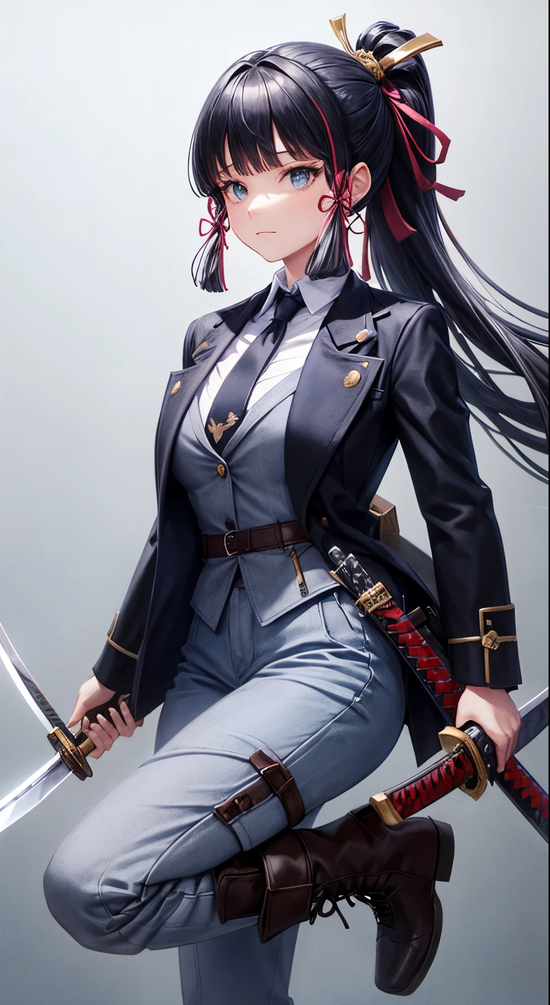 1girl, alternate costume, bangs, blunt bangs, boots, closed mouth, collared shirt, formal, greyscale, hair ribbon, holding, holding sword, holding weapon, jacket, kamisato ayaka, katana, long hair, long sleeves, monochrome, necktie, one knee, pants, ponytail, ready to draw, ribbon, sheath, sheathed, shirt, sidelocks, solo, suit, sword, tress ribbon, weapon