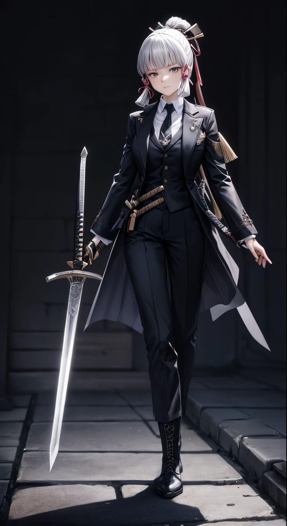 1girl, alternate costume, bangs, blunt bangs, boots, closed mouth, collared shirt, formal, greyscale, hair ribbon, holding, holding sword, holding weapon, jacket, kamisato ayaka, katana, long hair, long sleeves, monochrome, necktie, one knee, pants, ponytail, ready to draw, ribbon, sheath, sheathed, shirt, sidelocks, solo, suit, sword, tress ribbon, weapon