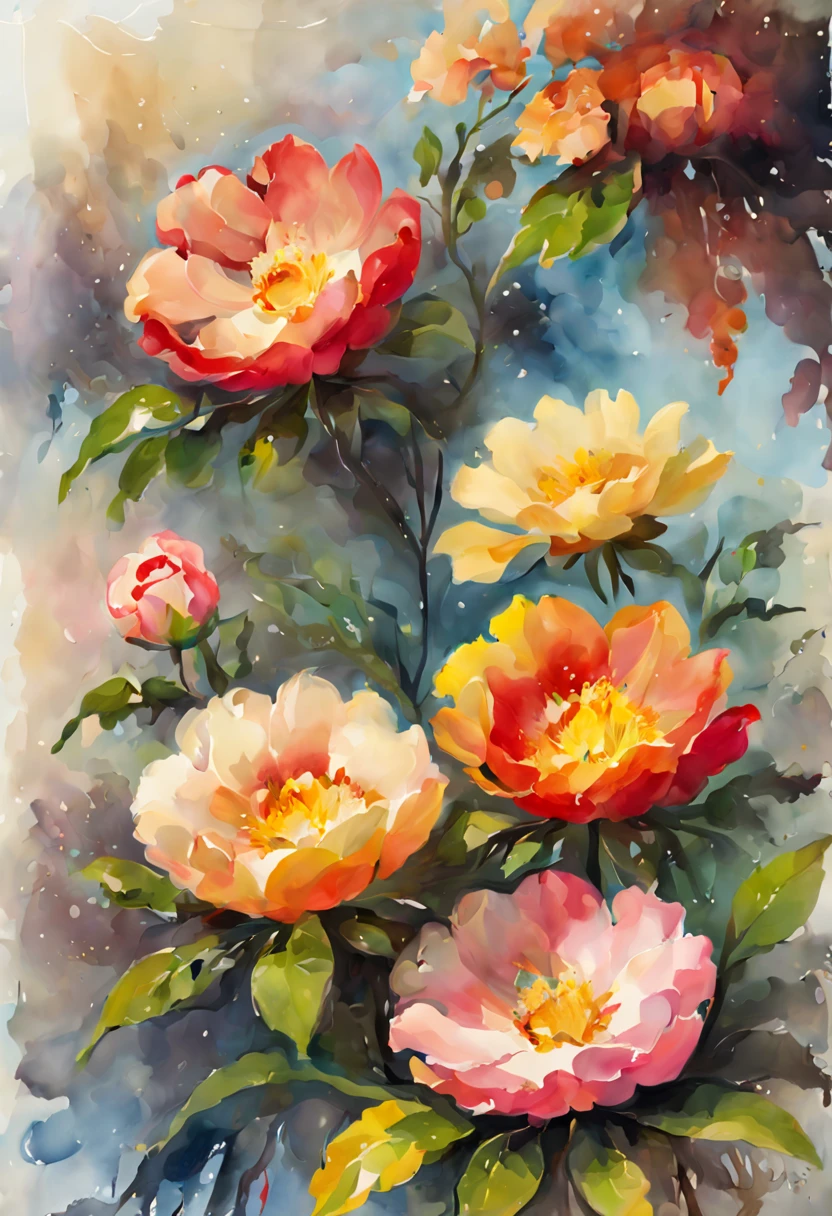 (best quality, highres, ultra-detailed, realistic:1.37), watercolor painting of vibrant flowers, delicate brushstrokes, intricate floral patterns and details, vivid and rich colors, soft and translucent layers, peaceful and natural atmosphere, subtle blending of hues, varied petal shapes and sizes, droplets of water on petals, intricate leaf veins, realistic watercolor texture, subtle interplay of light and shadow, graceful and flowing composition, gentle brushwork, detailed and accurate depiction of flower anatomy, lifelike depth and dimension, elegant and organic forms, ethereal and dreamy quality, serene and calming ambiance, expertly captured delicacy of petals, natural-looking translucency, blooming flowers in a garden, fresh and fragrant floral bouquet, joyous celebration of nature's beauty, artistic interpretation of botanical wonders
