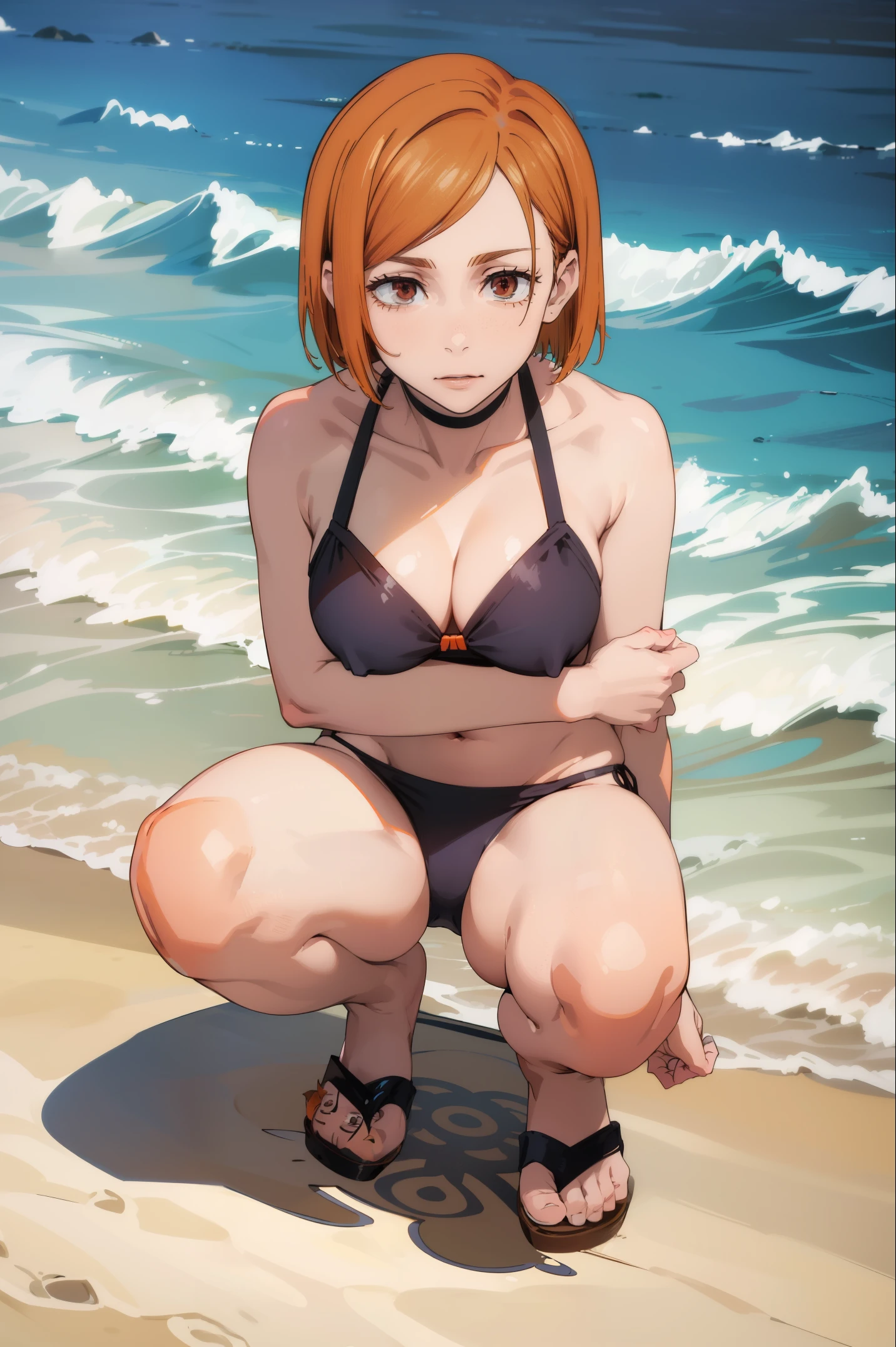 (masterpiece), (best quality), (ultra-detailed), (best illustration), (best shadow), (absurdres), nobarakugisakinova, short hair, orange hair, ((brown eyes)), kugisaki nobara, (bikini), 1girl, solo, bangs, looking at viewer, crouching, beach, thighs