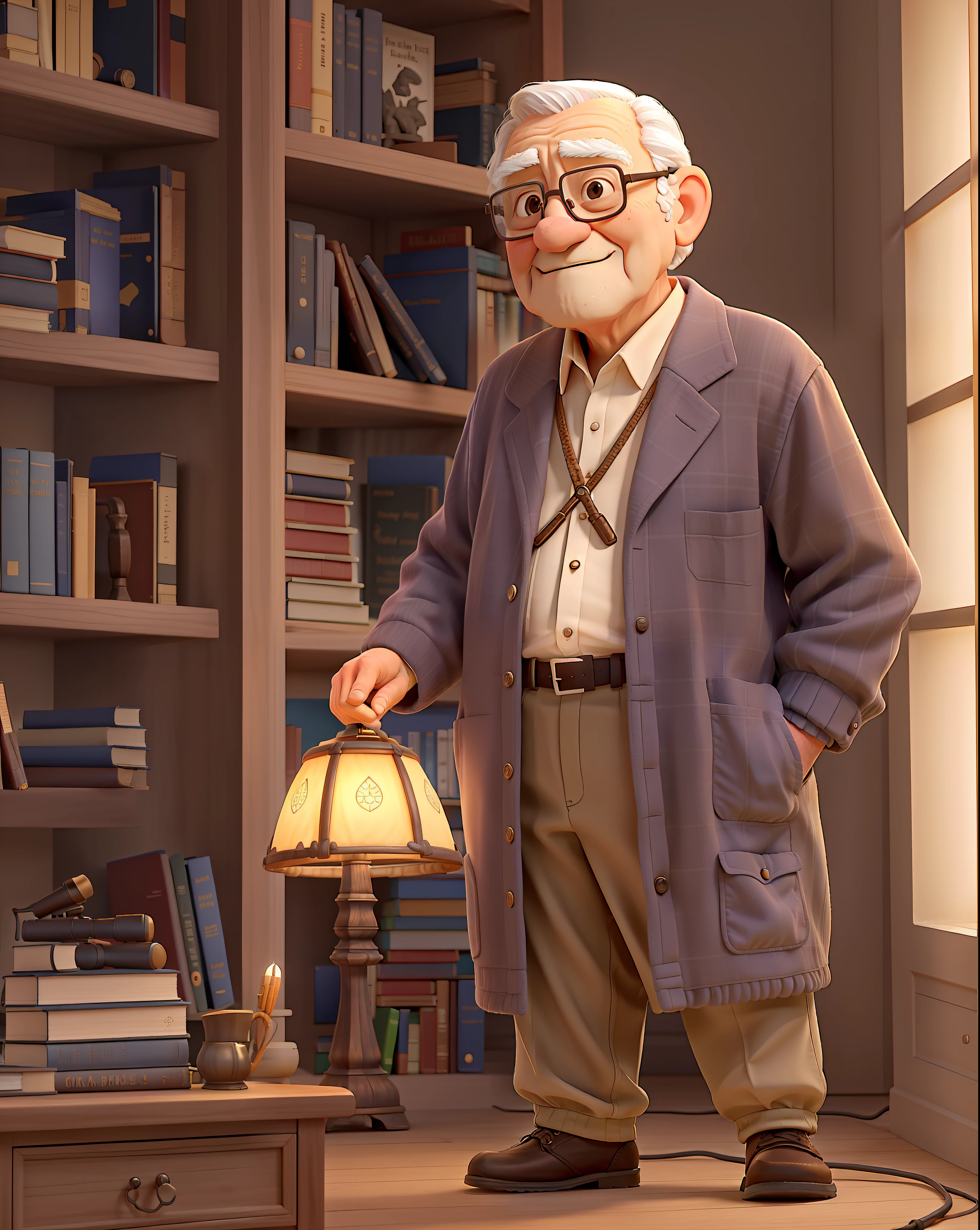 A wise old man standing in front, illuminated by the light of a lamp, tendo como pano de fundo uma biblioteca