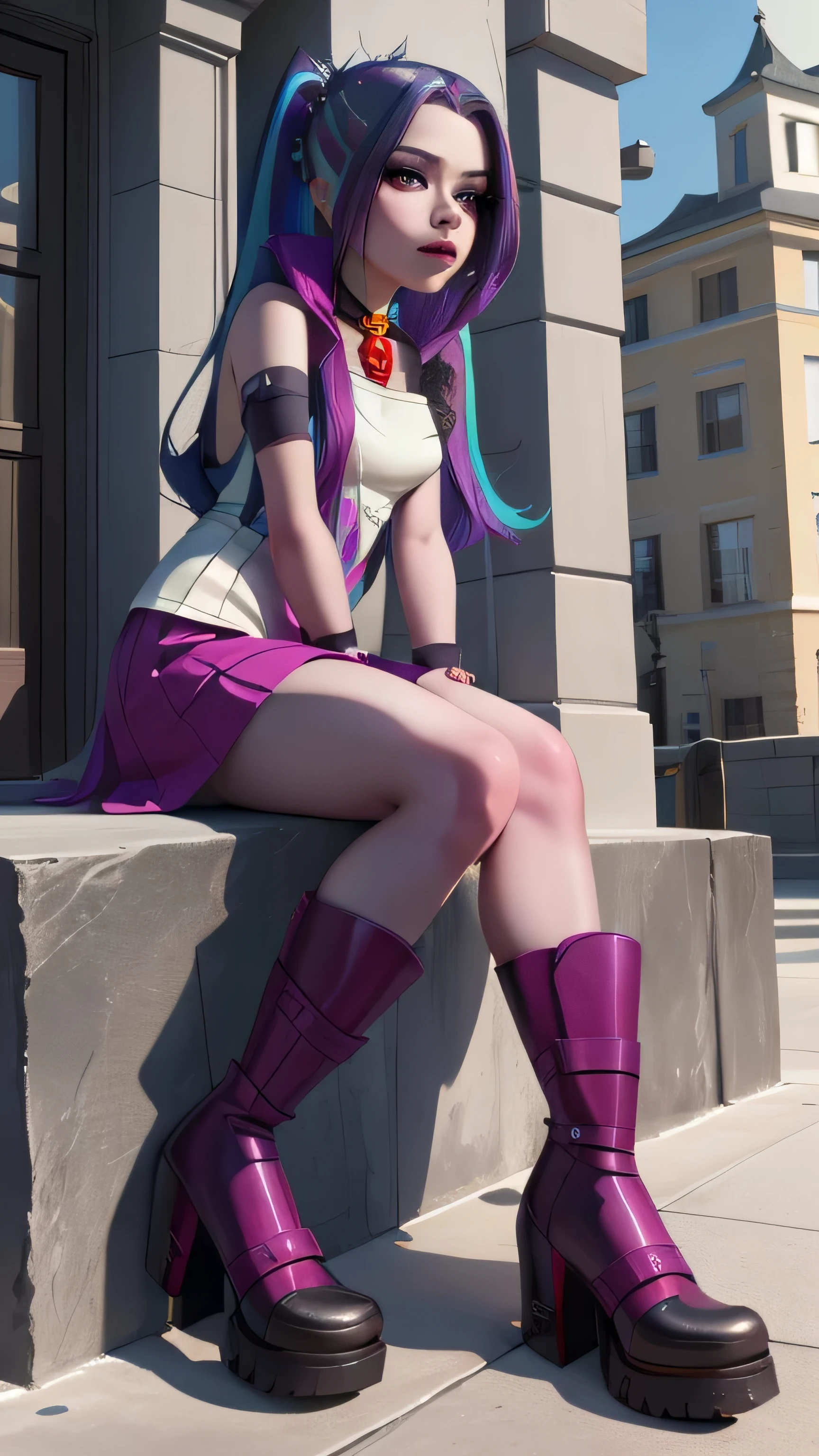 Aria Blaze,seated,front view,full body,(best quality,4k,8k,highres,masterpiece:1.2),ultra-detailed,(realistic,photorealistic,photo-realistic:1.37),fusion outfit of Aria Blaze and Sonata,beautiful detailed eyes,beautiful detailed lips,extremely detailed eyes and face,long eyelashes,1girl, tube skirt,collar,boots,jacket,Aria Blaze hair,smooth and glossy hair,Aria Blaze's confident and rebellious expression,vivid colors,studio lighting,sharp focus.