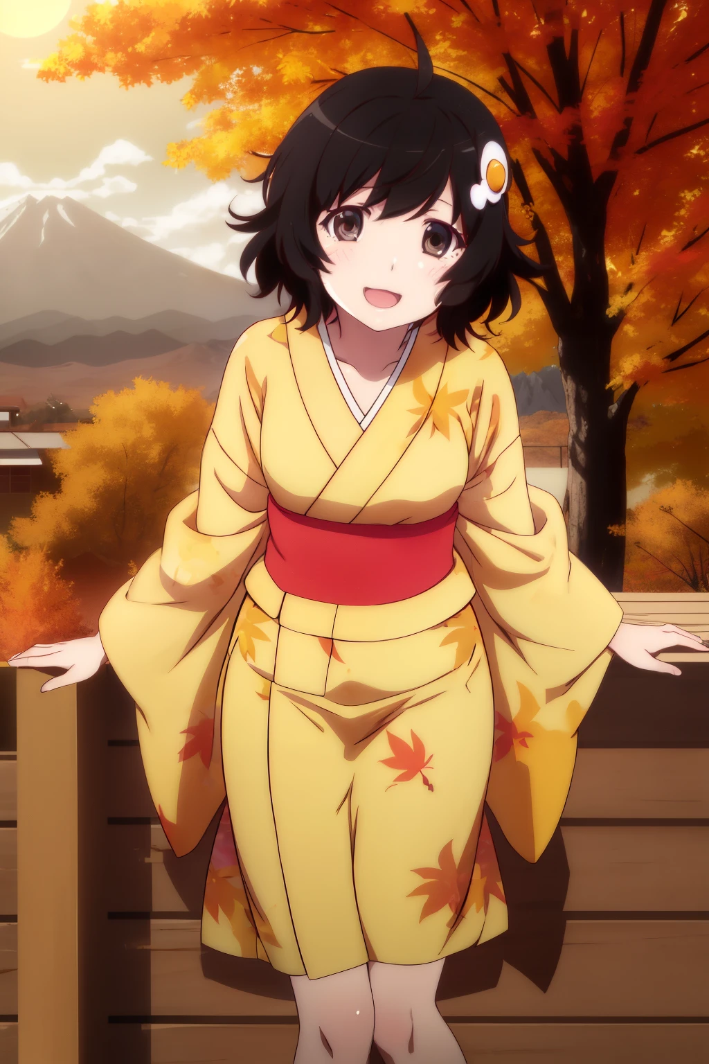 1 girl, alone, looking at the viewer, 
Araragi Tsukihi, short hair, messy hair, yellow kimono, hair ornaments, kimono,  Ahoge, egg hair ornaments,
smile, :3, dawn, Mountain, autumn, wood, sunset, 
