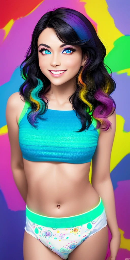 (black hair,colorful fluorescence multicolored hair:1.5,wavy hair:1.5), (masterpiece, sidelights, exquisite beautiful eyes: 1.5), masterpiece*portrait, realistic, ((Colorful background of different colors:1.5)),(Gentle face:1.5),colorful,3D face,(cute face),front view: 1.6、 (glowing red eyes:1.2),(tareme:1.5)、(cute smile:1.5),,Slim Body, shiny hair, shiny skin: 1.5、medium breasts,、solo,(stand)、(charactor focus:1.5、portlate、eye focus,cowboy shot)、bright atmosphere,intricatedetails, diaper