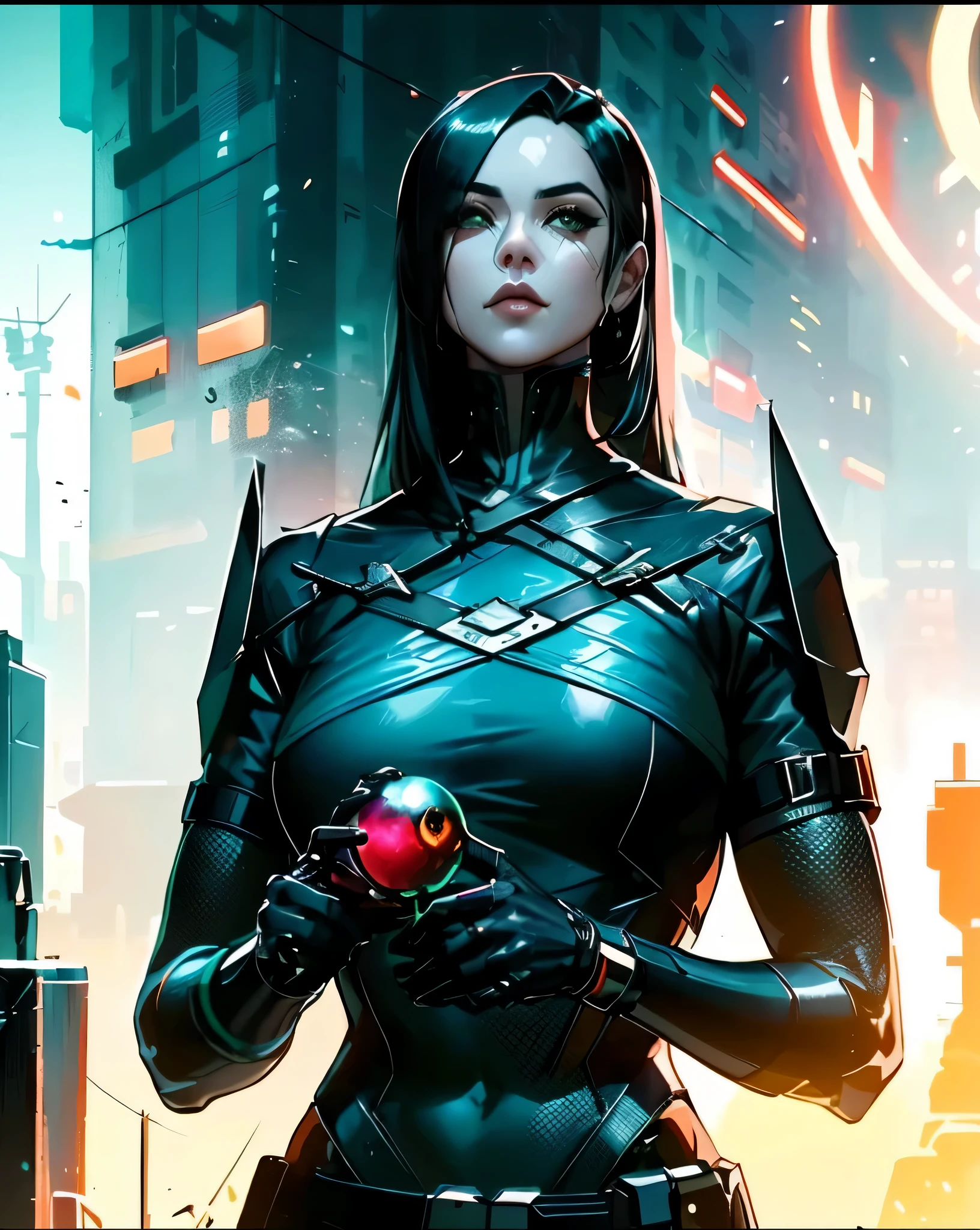 a close up of a woman in a futuristic outfit holding a red apple, artgerm julie bell beeple, jet black haired cyberpunk girl, cyberpunk 2077 rossdraws, cyberpunk judy alvarez, chris moore. artgerm, alena aenami and artgerm, beautiful female neuromancer, rossdraws 2. 0, cyberpunk women
