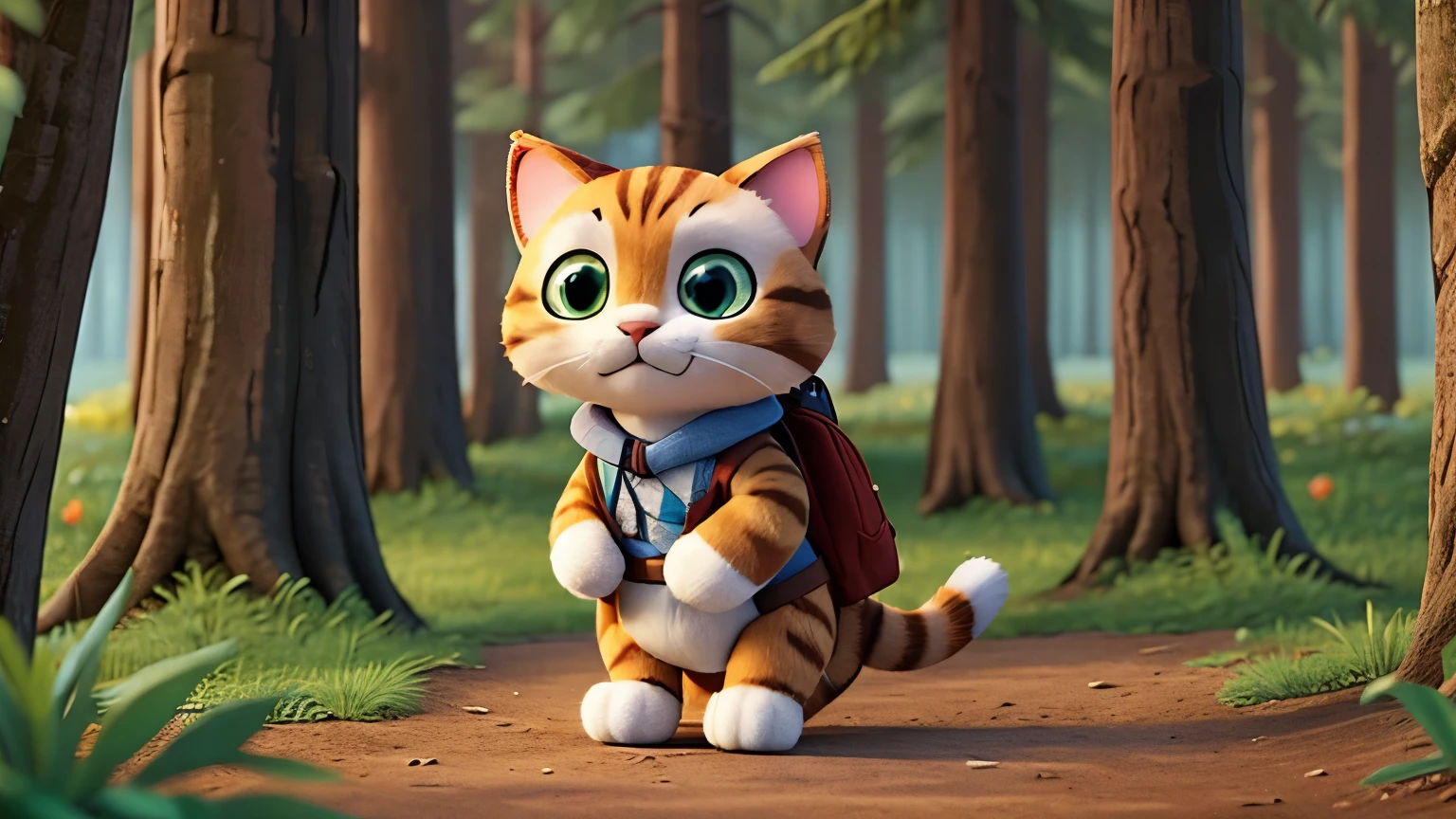 plush cat with backpack traversing the forest