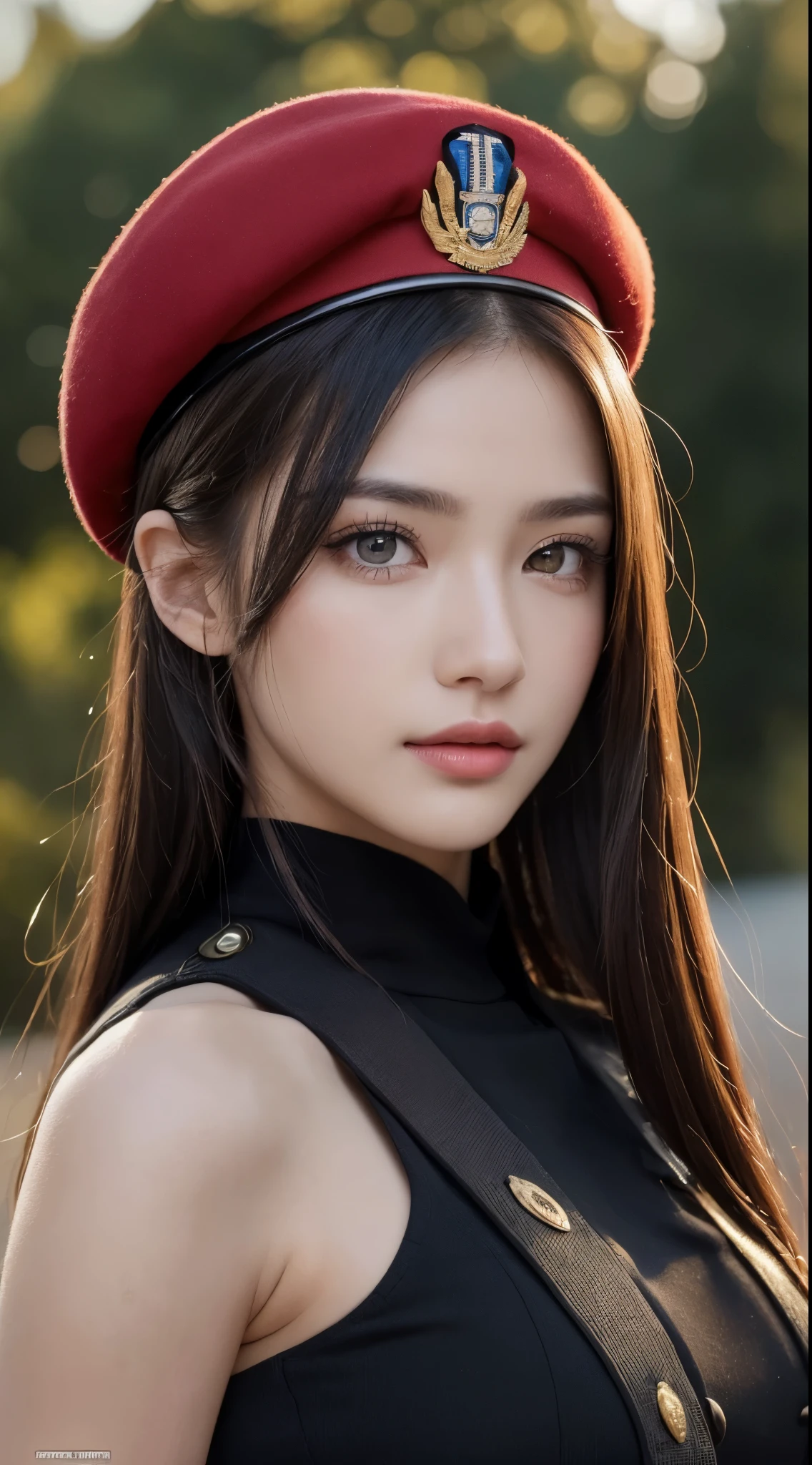 ((Best Quality, 8k, Masterpiece:1.3)), Focus:1.2, Perfect Body Beauty:1.4, ((Delicate Hair)), (Military Uniform:1.1), (Red Beret Army: 1.1), (Firearms: 1.1), (Soldier Uniform: 1.1), Military Coat: 1.1) Highly detailed face and skin texture, Detailed eyes, Double eyelids, whitening skin, Big breasts, smile, in the urban warfare, super detailed face, super detailed eyes, super detailed, hands, super detailed fingers, super detailed body, super fine body, super fine face, super fine eyes, super fine fingers, super fine hands, super fine foots, Holding firearms, rifle, Soldier, Perfect Soldier, weapon, rifle, special force, military, Super detailed firearms, Super Detailed Military Coat, Army, Super fine firearms, Super detailed Beret, Super detailed firearms, Super realistic firearms, super detailed rifle, super realistic, muscular, female soldier, Commissioned Officer, high ranking officer, general rank, with a view of the self-propelled artillery behind her, Super Detailed red beret, realistic view, perfect lighting, military vehicle, army beret, candid