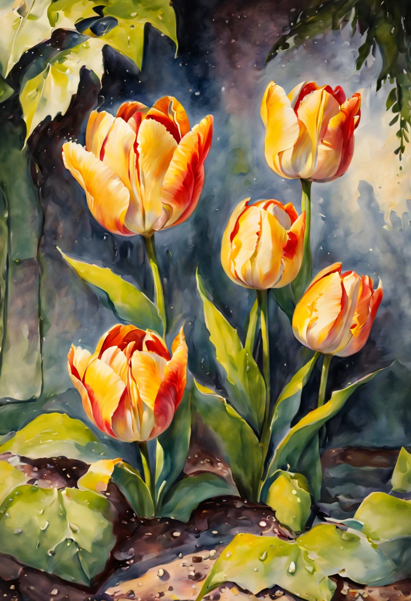 (a watercolor painting,artwork,tulips),(beautiful,detailed,realistic:1.37),(vibrant colors,soft blending,delicate strokes),(floral,botanical,still life),(nature,flowers,spring), (dewdrops,garden,painting techniques),(subtle shadows,light and shade),(high-res,ultra-detailed),(fine art,masterpiece)