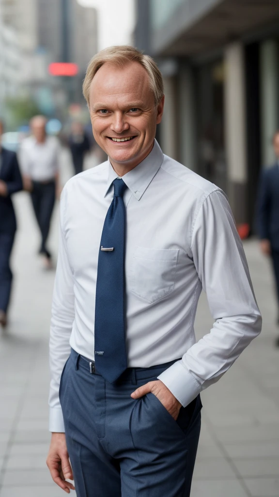 smiling man with short hair and white long sleeve buttoned shirt and tie with blue slacks, this person does not exist, 50-year-old white man, walking on a city sidewalk, johan liebert-david anders-amanda plummer merged, entire body visible, full body, hyperrealistic, best quality, 8K, real human skin, masterpiece, extremely intricate, medium closeup, detailed eyes, detailed face, detailed body, exaggerated features, pronounced features
