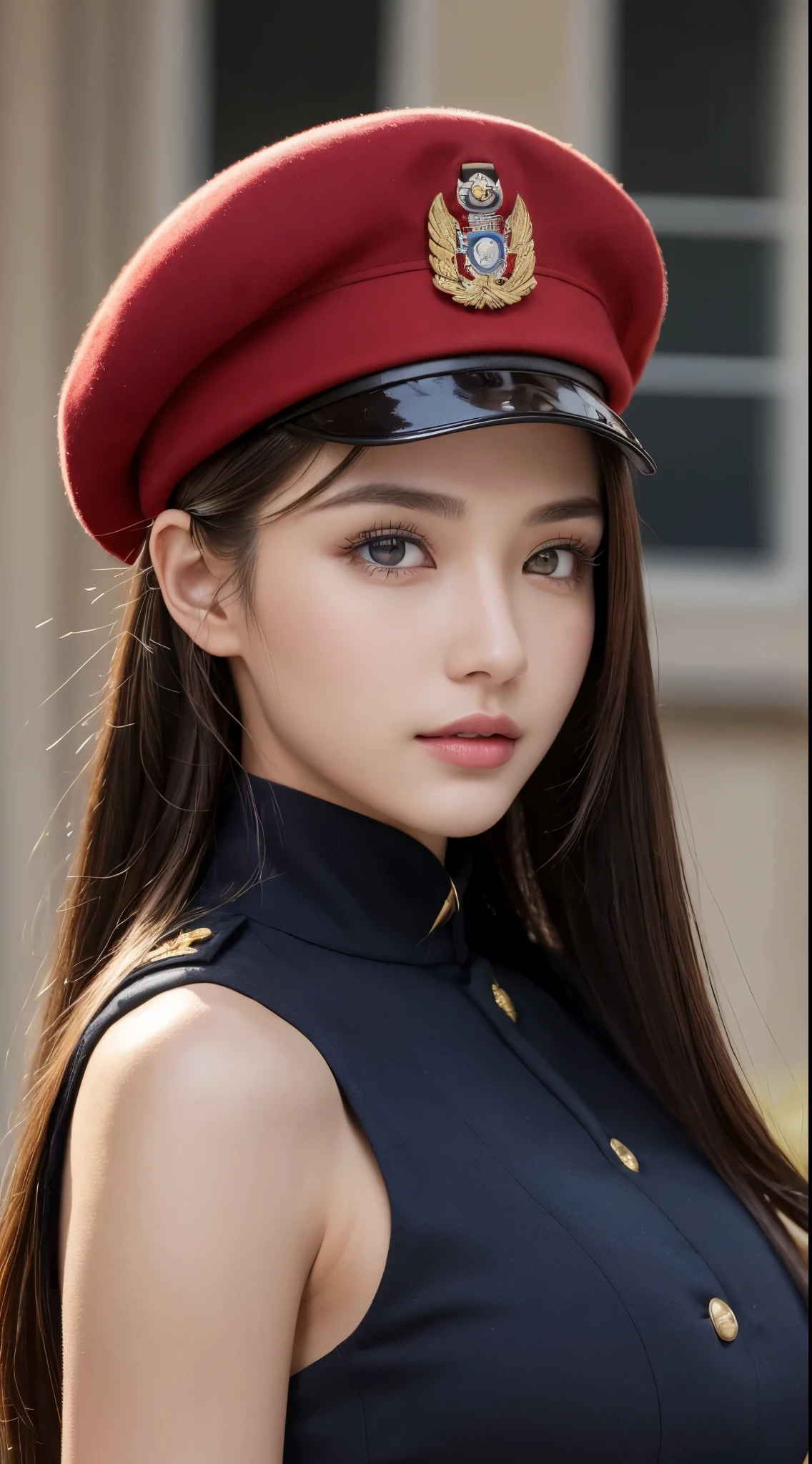 ((Best Quality, 8k, Masterpiece:1.3)), Focus:1.2, Perfect Body Beauty:1.4, ((Delicate Hair)), (Military Uniform:1.1), (Red Beret Army: 1.1), (Firearms: 1.1), (Soldier Uniform: 1.1), Military Coat: 1.1) Highly detailed face and skin texture, Detailed eyes, Double eyelids, whitening skin, Big breasts, smile, in the urban warfare, super detailed face, super detailed eyes, super detailed, hands, super detailed fingers, super detailed body, super fine body, super fine face, super fine eyes, super fine fingers, super fine hands, super fine foots, Holding firearms, rifle, Soldier, Perfect Soldier, weapon, rifle, special force, military, Super detailed firearms, Super Detailed Military Coat, Army, Super fine firearms, Super detailed Beret, Super detailed firearms, Super realistic firearms, super detailed rifle, super realistic, muscular, female soldier, Commissioned Officer, high ranking officer, general rank, with a view of the self-propelled artillery behind her, Super Detailed red beret, realistic view, perfect lighting, military vehicle, army beret, candid