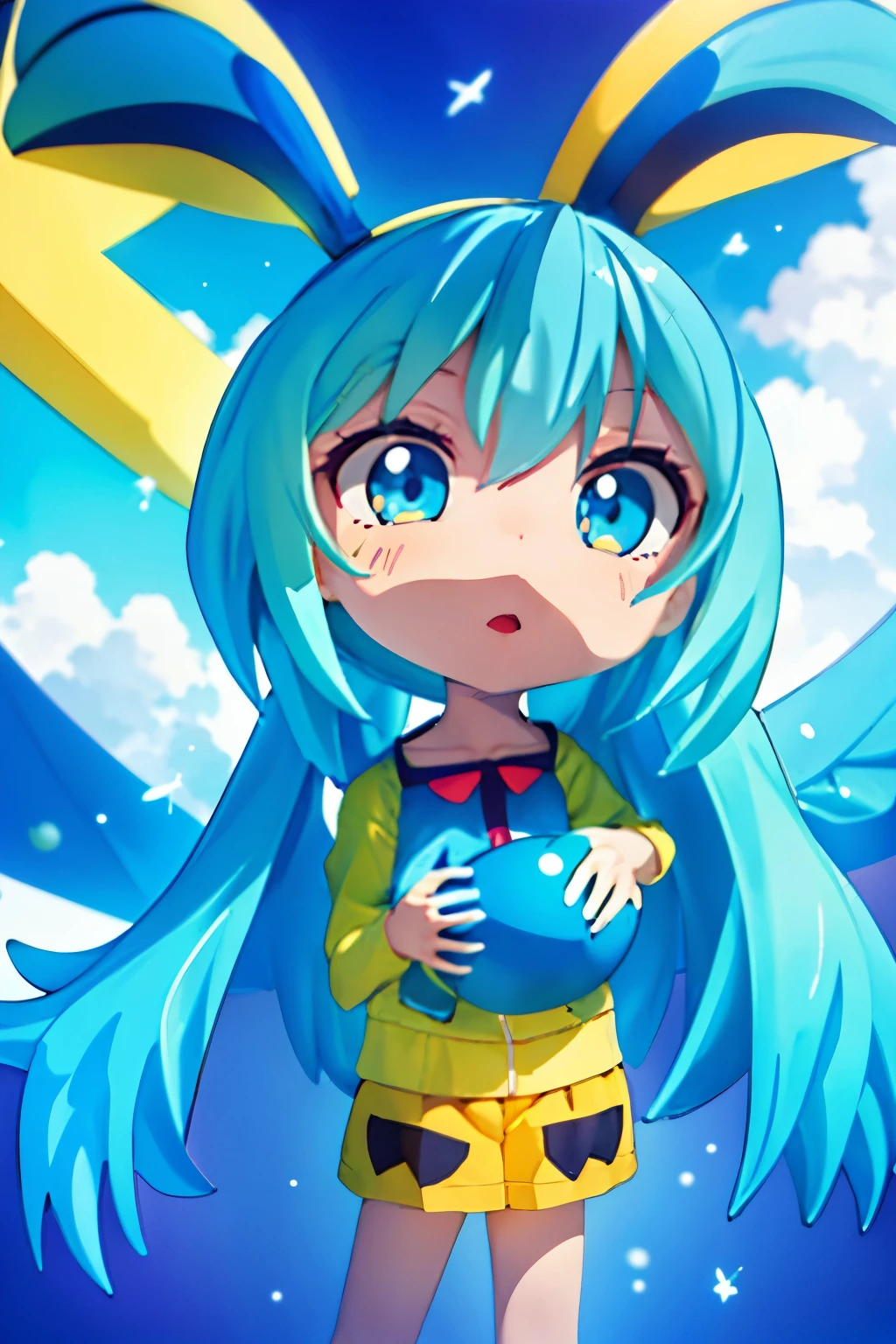 Cartoon girl with blue hair and yellow shirt, that holds a bowl, Insect Trainer Girl, Gelb und Blau und Cyan, Freund, Chibi (Disambiguation, inspiriert von Kanbun Master, Pikachu als Mensch, some yellow-green and blue, vollfarbig, inspiriert von Leiko Ikemura, inspiriert von Puru, Rei Hiroe, Sona ist eine schlanke, 2D-Anime-Stil