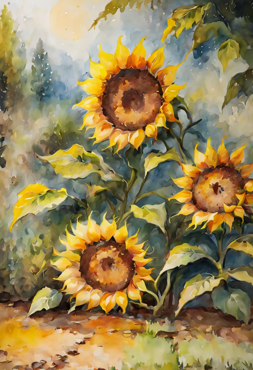 (best quality,4k,8k,highres,masterpiece:1.2),ultra-detailed,watercolor painting of sunflowers, vibrant colors, delicate brushstrokes, realistic sunlight, fine details, sunflowers in full bloom, graceful petals, intricate patterns, textured leaves and stems, gentle strokes, artistic composition