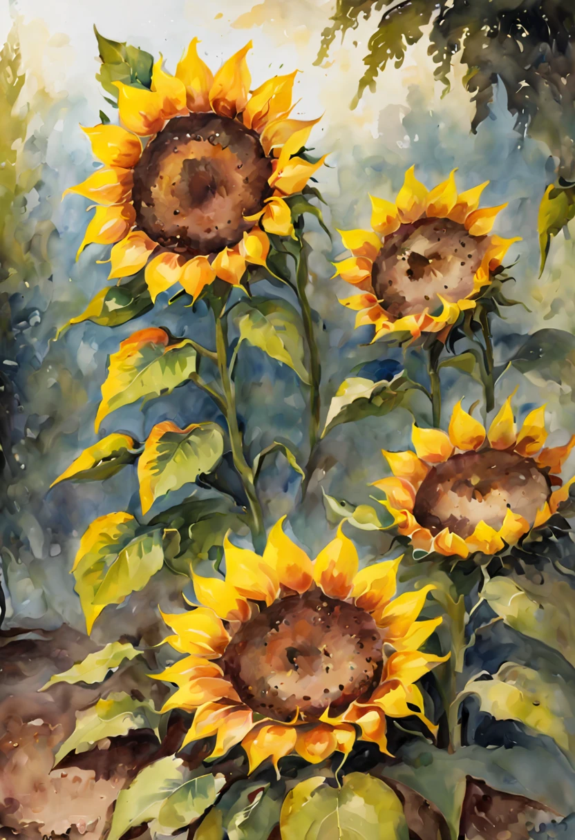 (best quality,4k,8k,highres,masterpiece:1.2),ultra-detailed,watercolor painting of sunflowers, vibrant colors, delicate brushstrokes, realistic sunlight, fine details, sunflowers in full bloom, graceful petals, intricate patterns, textured leaves and stems, gentle strokes, artistic composition