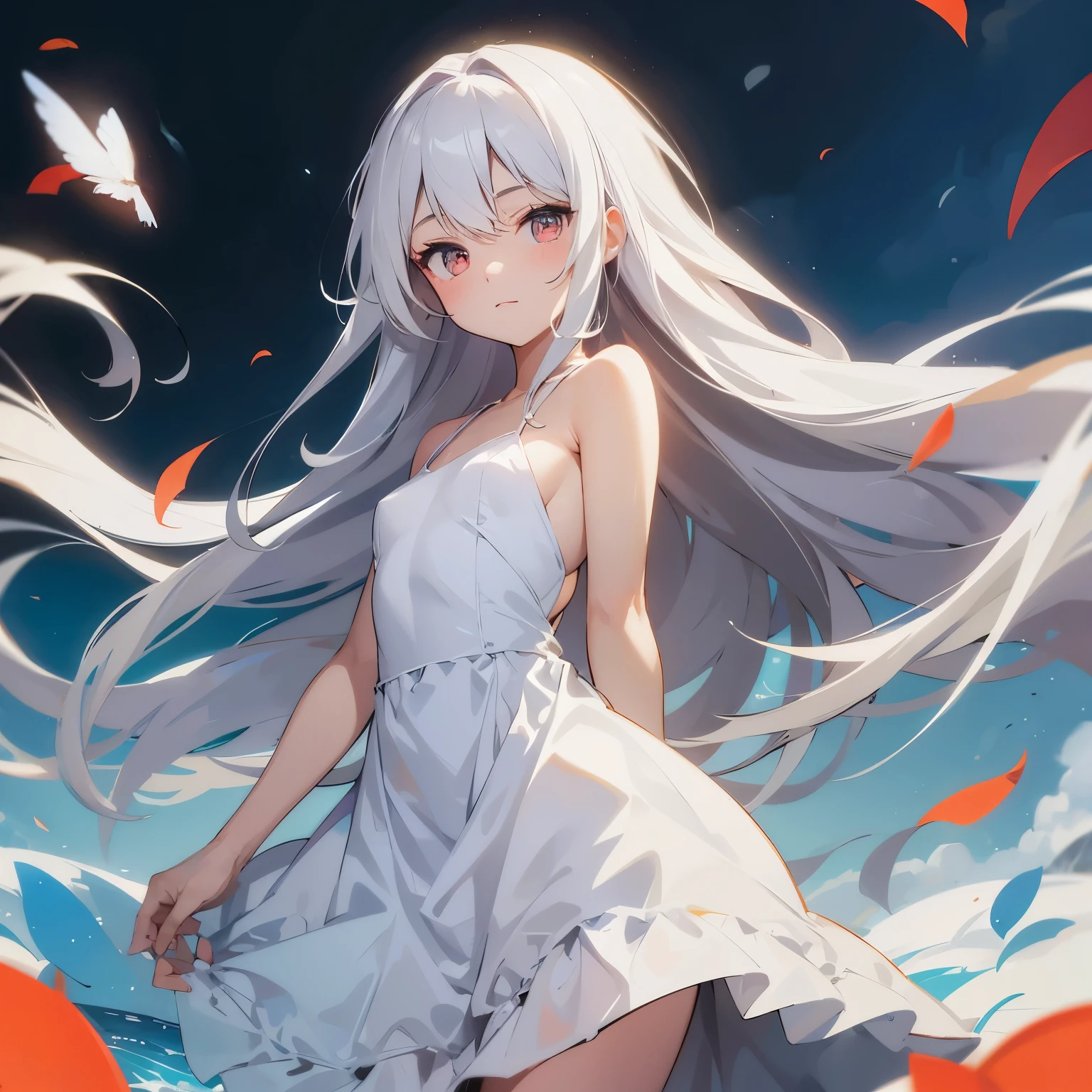 A hand holds the bottom of a white dress