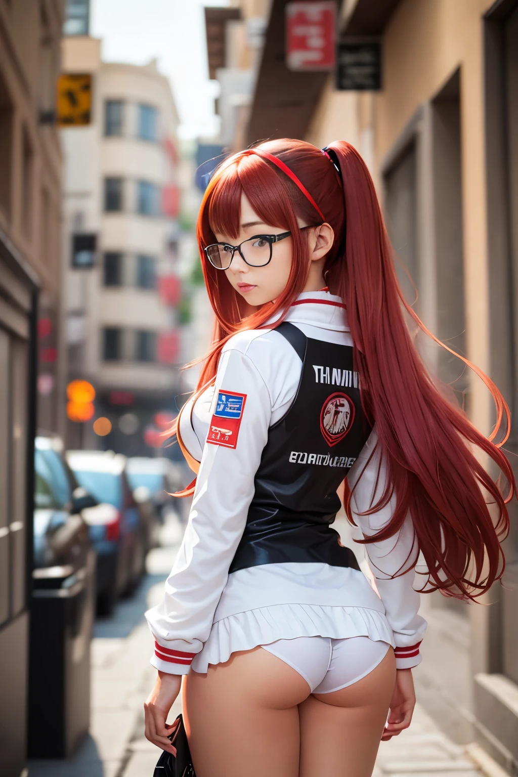 closeup anime girl with red hair and glasses posing in front of a building, anya from spy x family, yayoi kasuma, seductive anime girl, hints of yayoi kasuma, smooth anime cg art, makoto shinka, rias gremory, marin kitagawa fanart, biomechanical oppai, ( ( ( yoshinari yoh ) ) ), back view, from behind