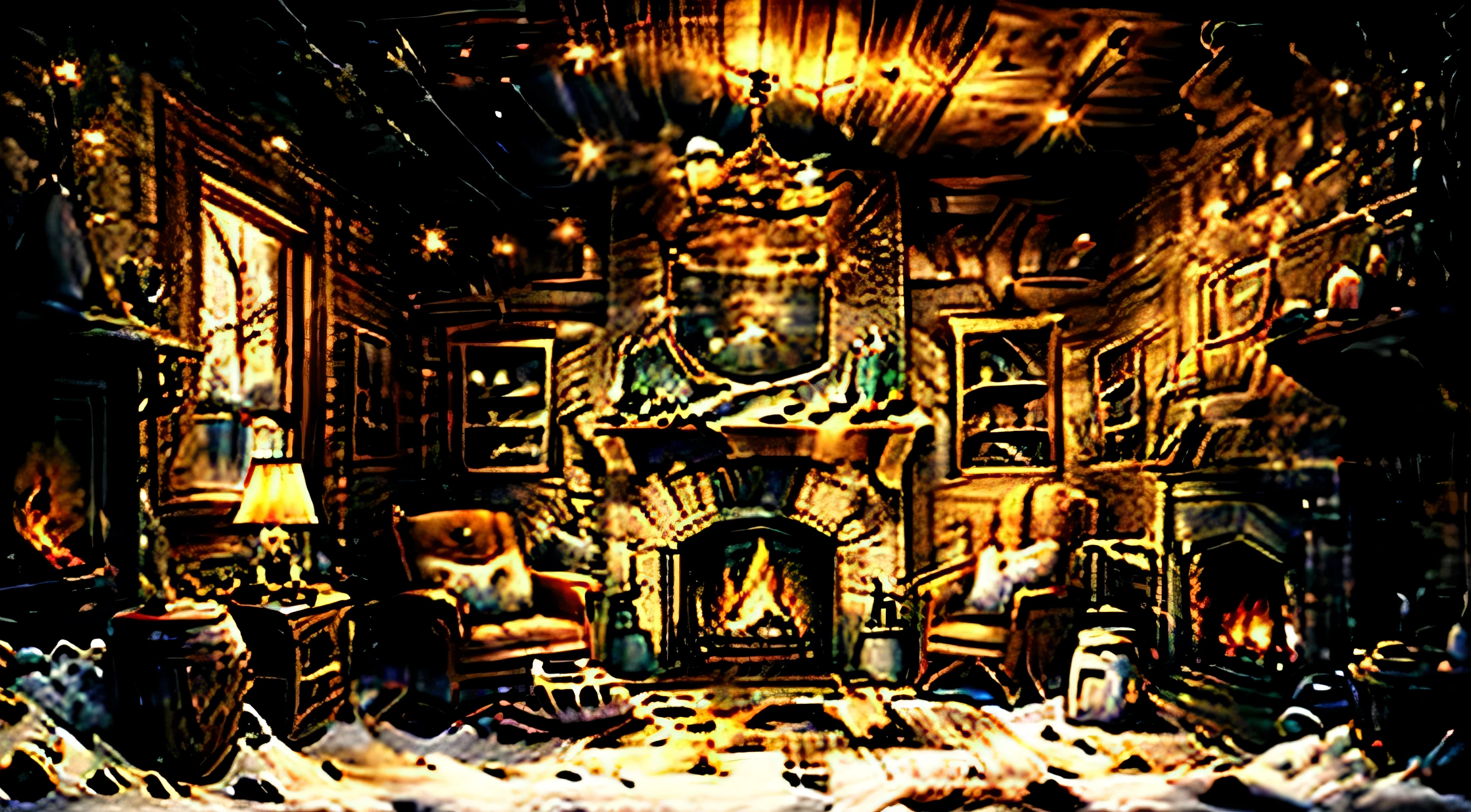 Generate an image of a rustic cabin interior on a bone-chilling winter night. Show a crackling fireplace, casting warm light on antique furniture. The atmosphere should evoke a mix of coziness and suspense.
