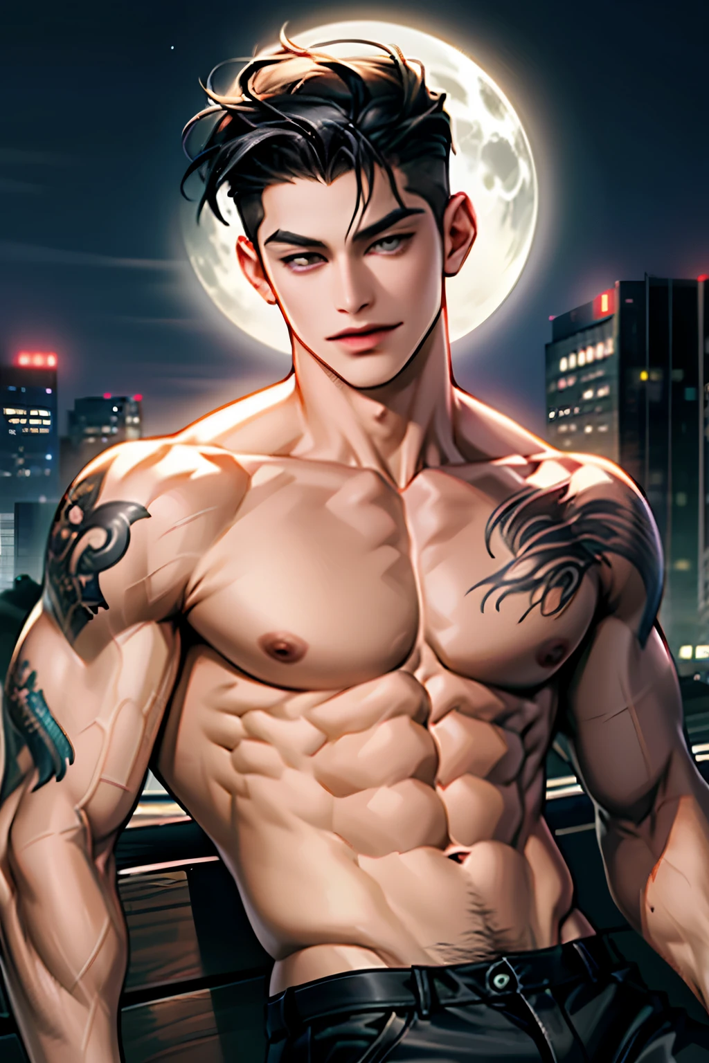 1boy, male focus, young adult, korean, black hair, undercut, grey eyes, tattoos, smirk, high detail, abs, shirtless, night time, masterpiece, high quality, 8k, manhwa style