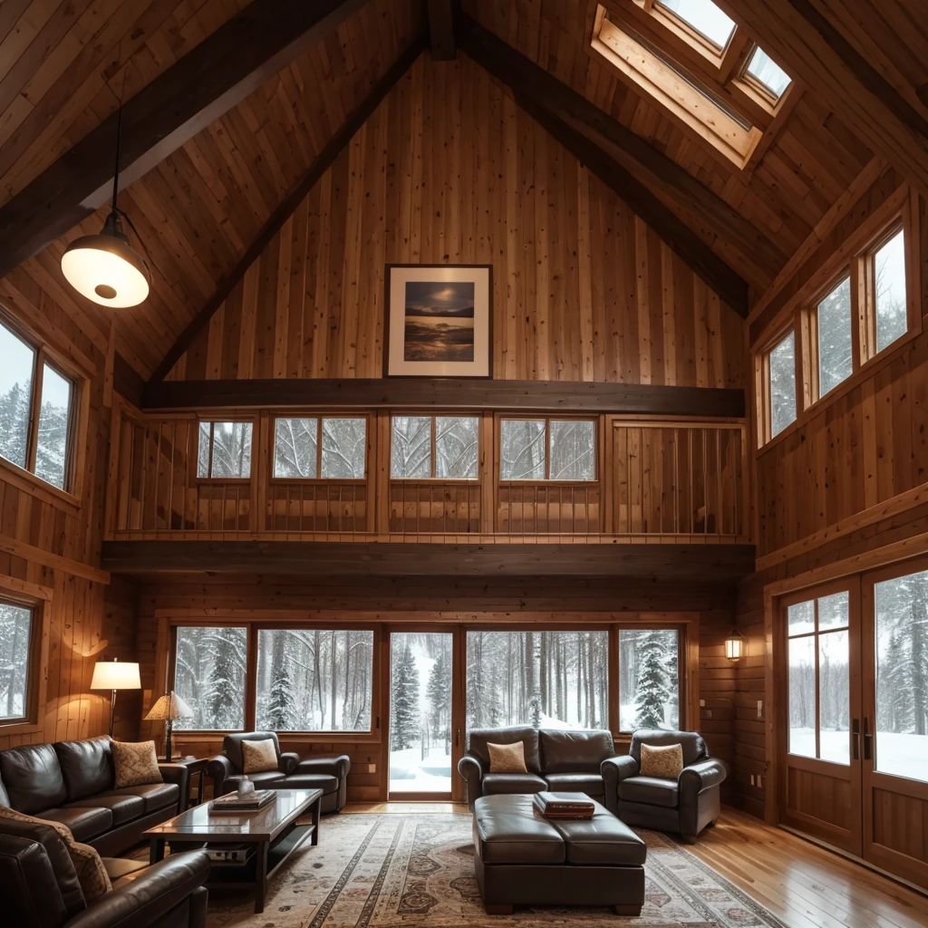 A double-height ceiling living room with a large, floor-to-ceiling window on one side log cabin. Outside is a dark snow-covered landscape. The living area is furnished with plush, contemporary sofas and chairs in neutral tones, grouped around a low, central coffee table. The room's color palette is composed of dark brown and warm tones, with the soft lighting from various lamps adding a cozy ambiance.