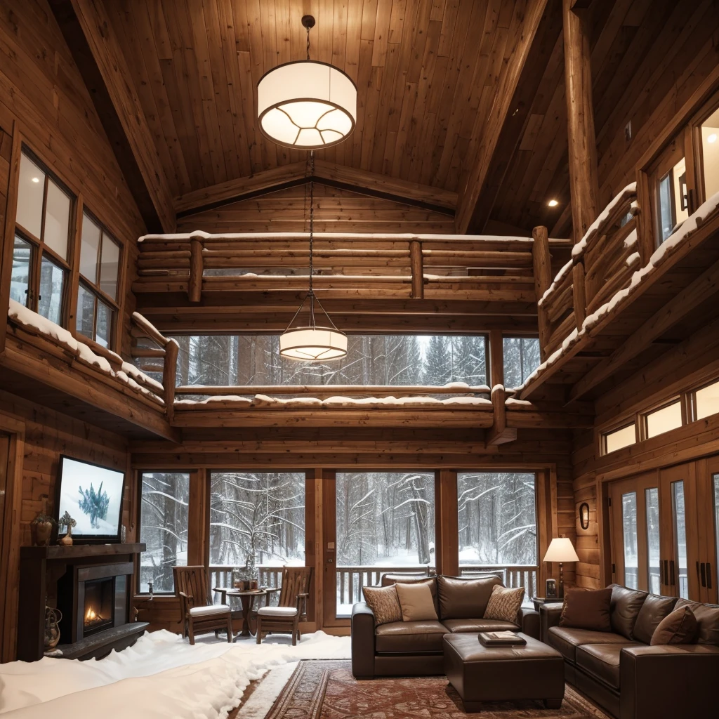 A double-height ceiling living room with a large, floor-to-ceiling window on one side log cabin. Outside is a dark snow-covered landscape. The living area is furnished with plush, contemporary sofas and chairs in neutral tones, grouped around a low, central coffee table. The room's color palette is composed of dark brown and warm tones, with the soft lighting from various lamps adding a cozy ambiance.