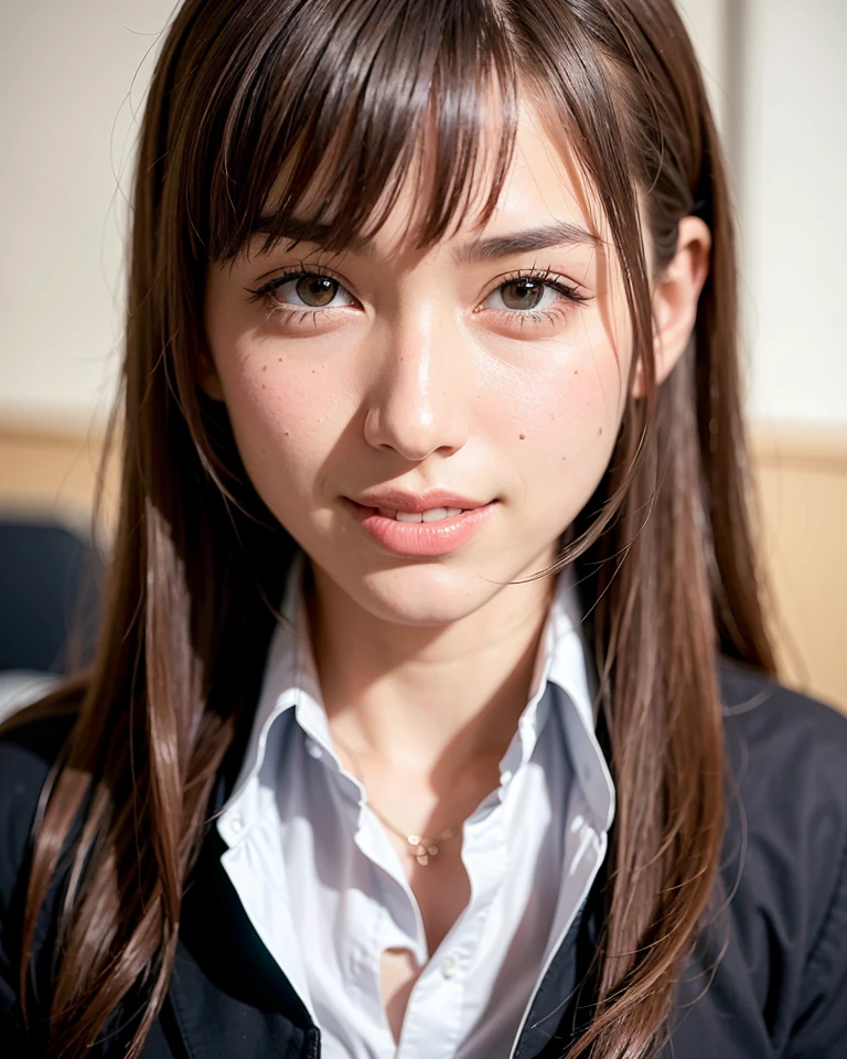 best quality, face focus, soft light, (depth of field) ,ultra high res, (photorealistic:1.4), RAW photo, Japanese brunette with long hair blunt bangs sitting in a classroom in her school uniform, smiling