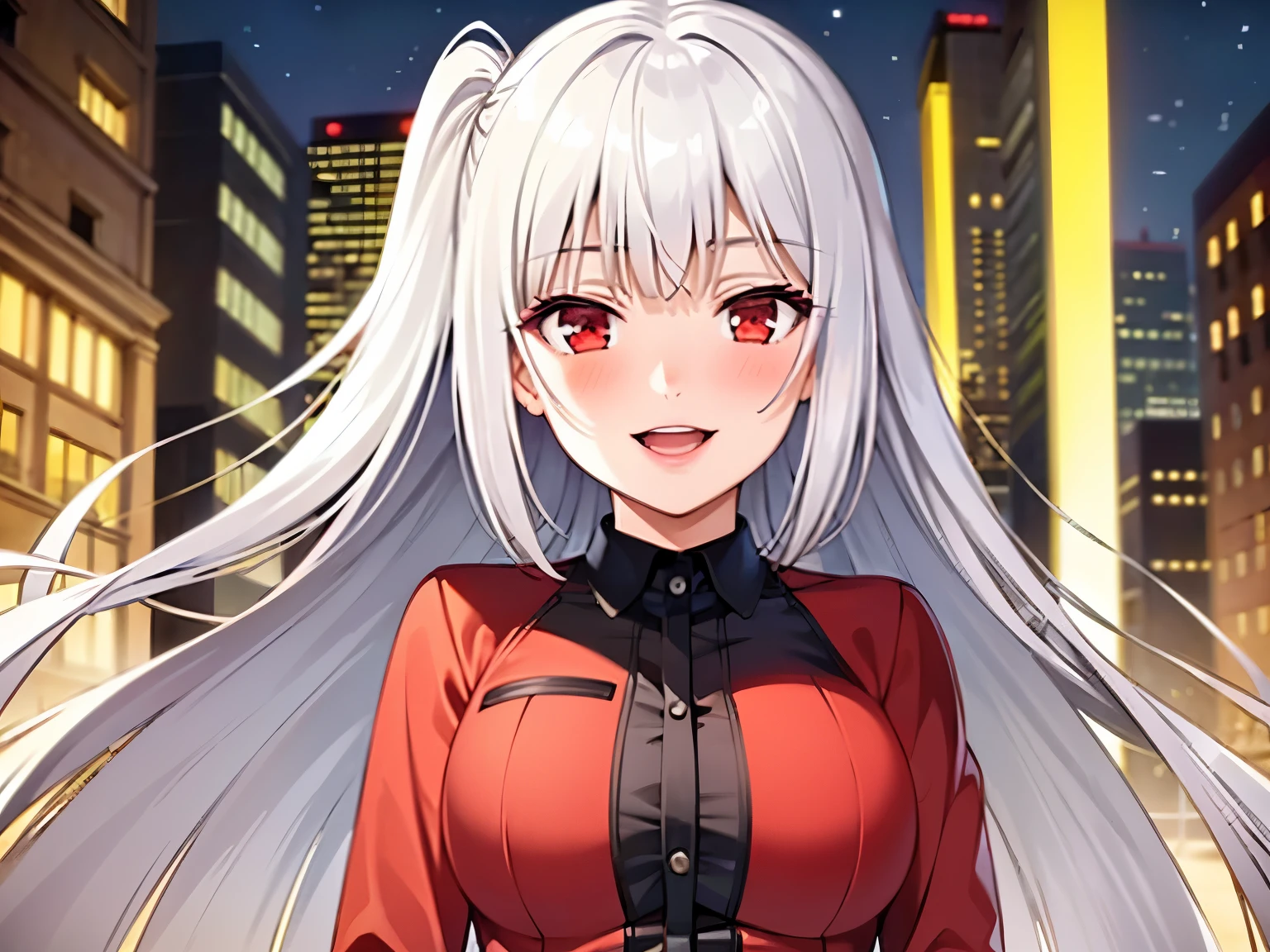 (detailed face, Detailed eyes, 8K wallpaper, ultra detialed, beautiful and aesthetically pleasing, 16 k, 8K, UHD, soft lighting, Visual key, a high resolution, Best quality, masterpiece, Digital illustrations, Only a perfectly detailed face),(in the city, city in the background), (SFW, full length), (Happy), ((Red eyes, 1 girl )),(White hair, long hair)