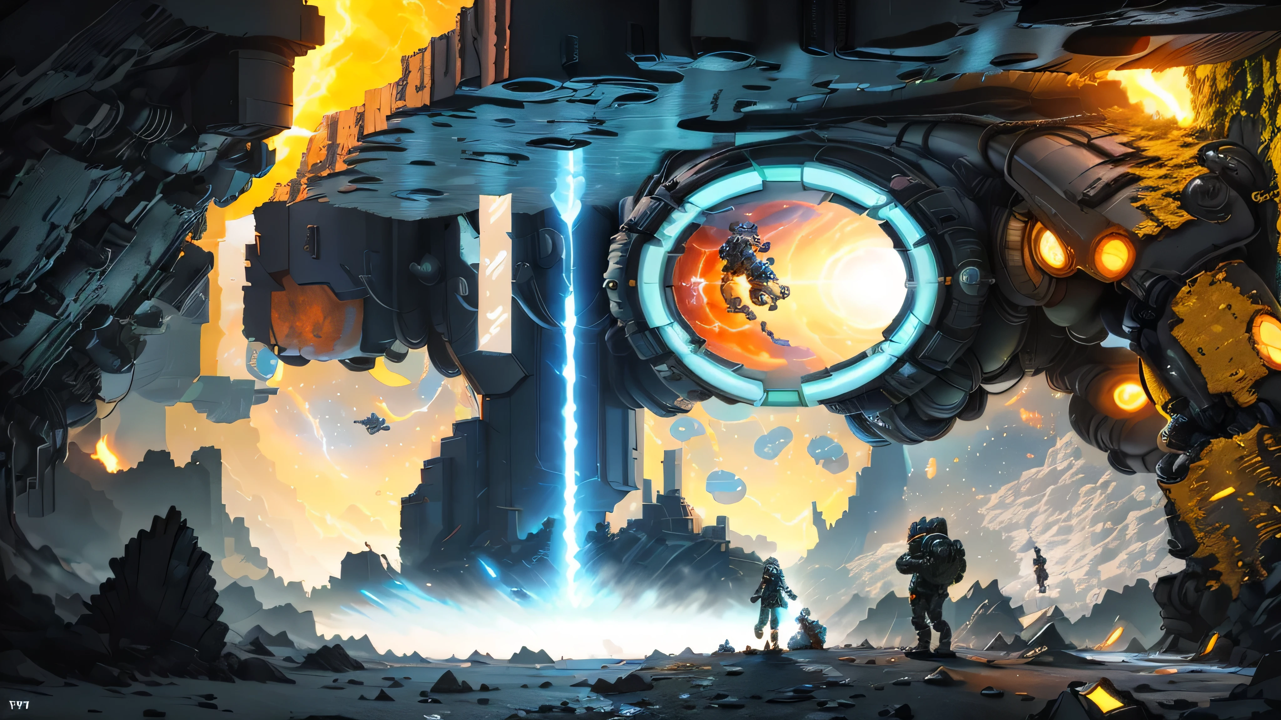 there are two astronauts standing in front of a clock in a cave, mark zuckerberg as a robot, depicted as a scifi scene, portal!! game valve style, scifi robot repair workshop, portal game 9 9 9 9 9 valve, portal game valve, official screenshot, portal in space, compositing, robot monster in background, promotional art, scifi robots, fan art