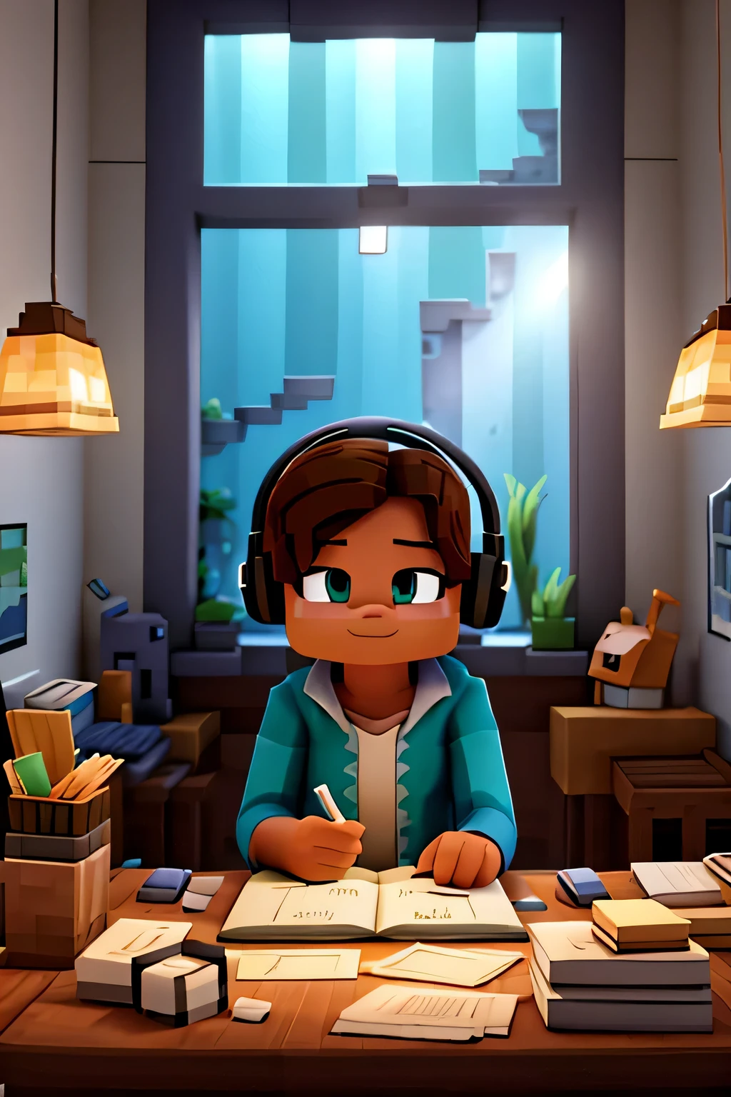 Draw a scene involving a Minecraft character studying next to a window in a dark room. The character is wearing headphones and sitting at a table, com livros abertos na sua frente. The light coming in through the window is weak, criando um ambiente sereno. Add details to the scene, como o personagem&#39;concentrated expression, Soft shadows and lighting effects to highlight window and room contours. Certifique-se de transmitir uma atmosfera de calma e foco no estudo, making the most of the nuances of light and shadow in the environment