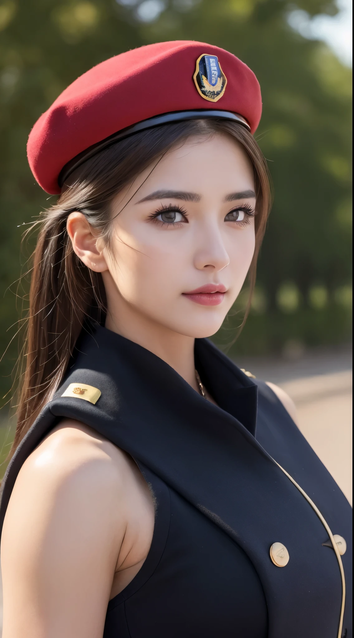 ((Best Quality, 8k, Masterpiece:1.3)), Focus:1.2, Perfect Body Beauty:1.4, ((Delicate Hair)), (Military Uniform:1.1), (Red Beret Army: 1.1), (Firearms: 1.1), (Soldier Uniform: 1.1), Military Coat: 1.1) Highly detailed face and skin texture, Detailed eyes, Double eyelids, whitening skin, Big breasts, smile, in the urban warfare, super detailed face, super detailed eyes, super detailed, hands, super detailed fingers, super detailed body, super fine body, super fine face, super fine eyes, super fine fingers, super fine hands, super fine foots, Holding firearms, rifle, Soldier, Perfect Soldier, weapon, rifle, special force, military, Super detailed firearms, Super Detailed Military Coat, Army, Super fine firearms, Super detailed Beret, Super detailed firearms, Super realistic firearms, super detailed rifle, super realistic, muscular, female soldier, Commissioned Officer, high ranking officer, general rank, with a view of the self-propelled artillery behind her, Super Detailed red beret, realistic view, perfect lighting, military vehicle, army beret, candid