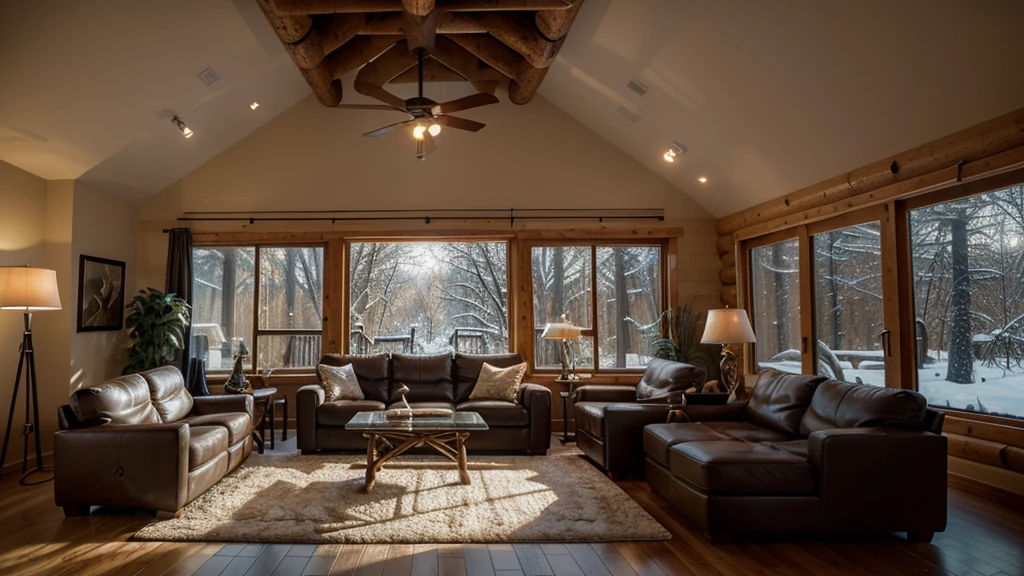 A double-height ceiling living room with a large, floor-to-ceiling window on one side log cabin. Outside is a dark snow-covered landscape. The living area is furnished with plush, contemporary sofas and chairs in neutral tones, grouped around a low, central coffee table. The room's color palette is composed of dark brown and warm tones, with the soft lighting from various lamps adding a cozy ambiance.