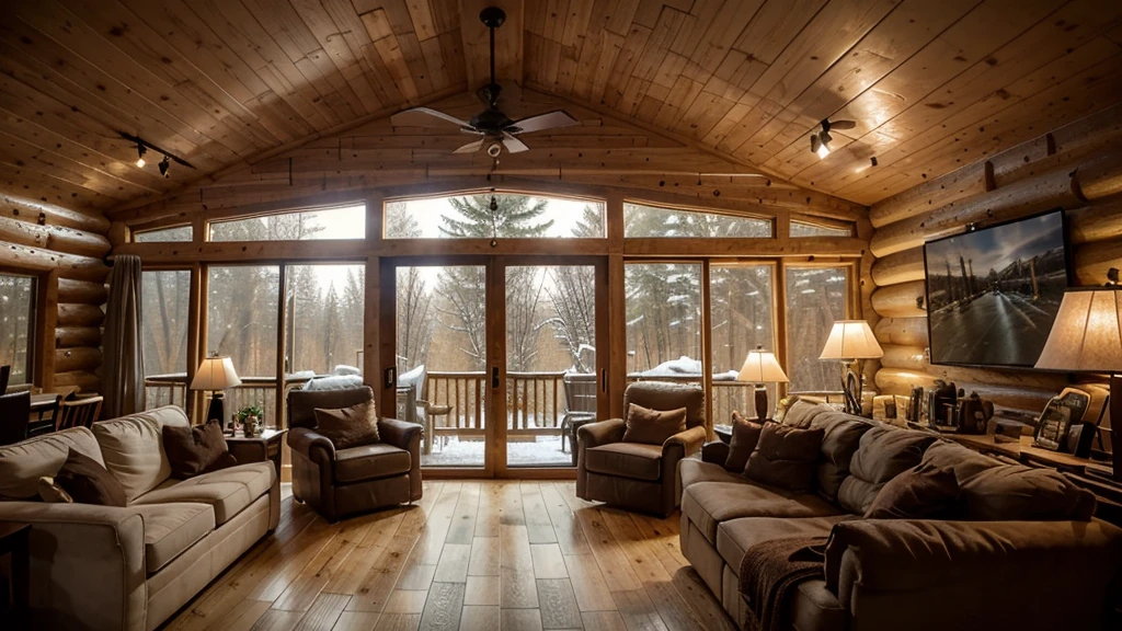 A double-height ceiling living room with a large, floor-to-ceiling window on one side log cabin. Outside is a dark snow-covered landscape. The living area is furnished with plush, contemporary sofas and chairs in neutral tones, grouped around a low, central coffee table. The room's color palette is composed of dark brown and warm tones, with the soft lighting from various lamps adding a cozy ambiance.