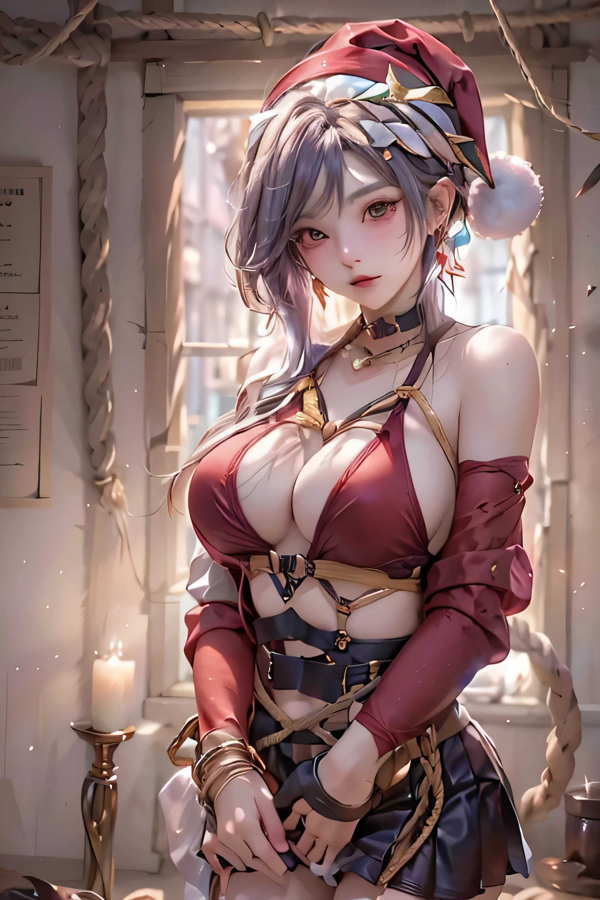 (top-quality,8K picture quality,masterpiece:1.3,hight resolution,masutepiece:1.2), 23 year old woman detained, Looking at the camera,(Red Santa Costume,santa hat,Mini skirt with slit,Stockings,a choker,long boots:1.2),(shoulder-length hair,light brown hair),(Scary face:1.3,Crying face,Anxious expression ),(Rope Bondage, Shibari:1.6, Rope Mark,back arms:1.4, Breast Bondage:1.5, Arm shackles:1.5), (Luxurious room:1.3,torture room,Christmas Decorations), Backlight, Bondage Fashion,Shibari,Play BDSM again,Akanawa,chains, (View from below:1.4), (Small butt:1.2),(full body Esbian:1.5), (Full body shot:1.5), (Bold pose with legs spread,dynamicposes:1.2),(nipples visible through underwear),Slender Abs:1.2,(Young skinny gravure idol, sophisticated gravure idol),(detailed flawless face),normal hands,Normal finger,Normal legs