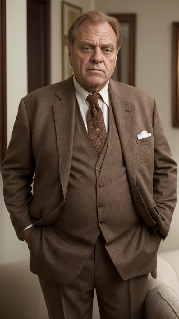 older man in a brown suit and matching pants with a white shirt and tie underneath looking at the camera, this person does not exist, 70 years old, aged face and skin, standing in his living room, alan arkin-henry czerny-david mamet-alan dale-bruno ganz-anthony hopkins-harold hamm-pip torrens-f murray abraham-john goodman-michael otto-rip torn merged, entire body visible, full body, hyperrealistic, best quality, 8K, real human skin, masterpiece, extremely intricate, medium closeup, detailed eyes, detailed face, detailed body, exaggerated features, pronounced features
