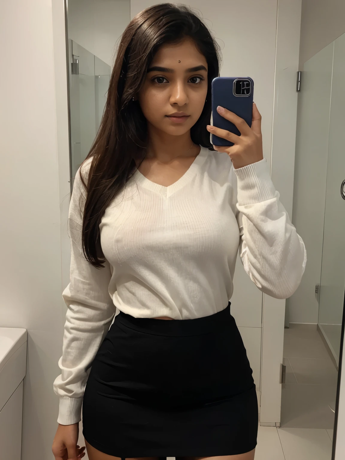 1cute confident indian girl taking a selfie in a public bathroom mirror, wearing a white shirt and black tight office skirt, accidentally taking a selfie, selfie of a young woman, wearing office attire, iphone selfie, outfit photo, wearing office shirt, she is holding a smartphone, wearing a sweater, mirror selfie, taking a selfie, very very low quality picture, cell phone photo, ID card neck strap ID card hanging on her neck, height 160 centimetres, petite build, fair skin, average hair length of 60 centimetres, photorealistic, detailed skin texture