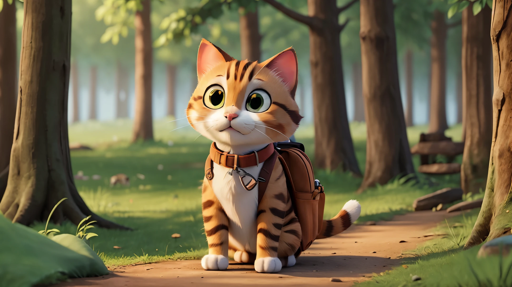 cat with backpack traversing the forest