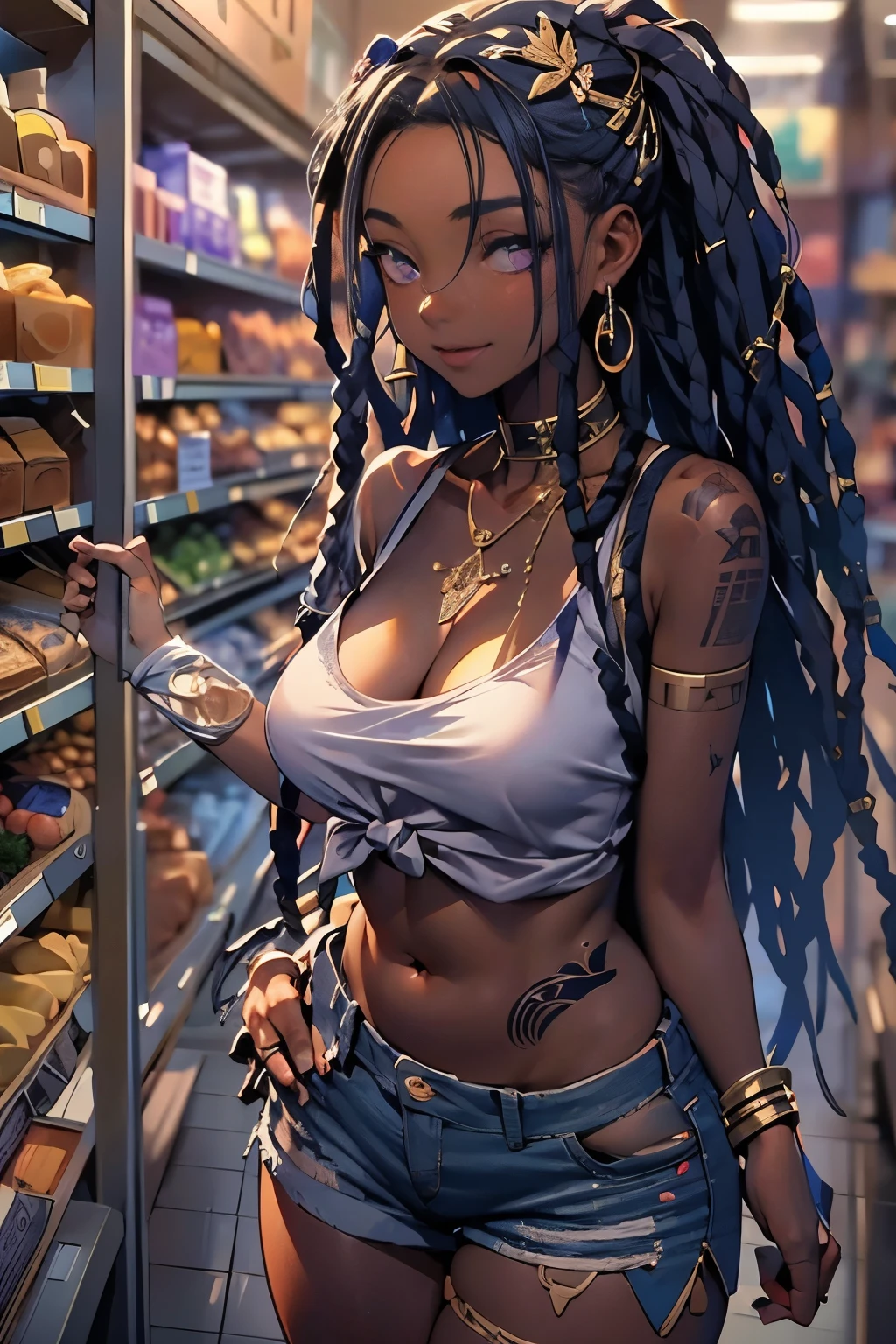 NSFW, 1girl, official anime art illustration, gilded jeweled circlet, (long violet dreadlocks), violet eyes, (tall plump dark-skinned Haitian girl inside grocery store bakery aisle), small breasts, (wearing esoteric time design tied shirt), short ripped tight jean shorts, thick thighs with butterfly tattoos, one hand in pocket, smile, perfectly photorealistic, incredibly detailed, 8k, UHD, masterpiece, best quality, ultra detailed, intricate,