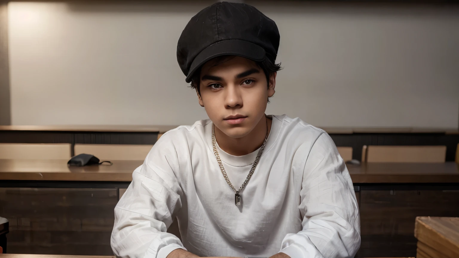 a boy standing full body white undershirt baggy jeans his neck chain with black linen, A black cap. thick eyebrows, sybil riz face shape relatively fit body but not too big, animation, face to face He looks at the audience behind desk (a boy) He is sitting at the table and looking at the camera