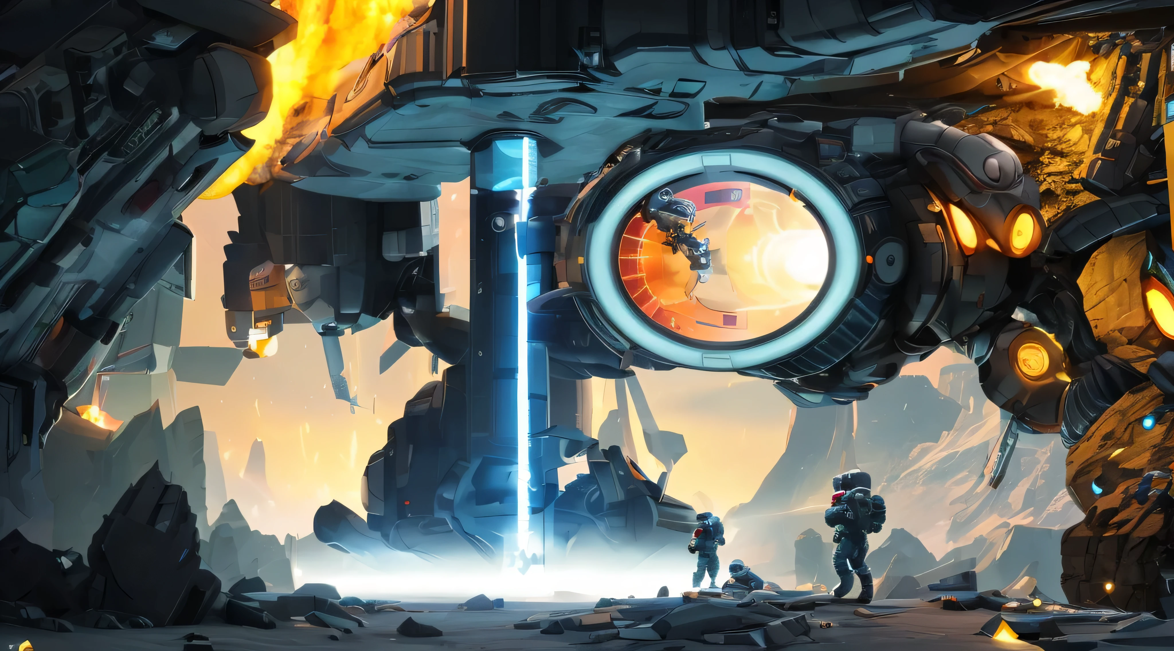 there are two astronauts standing in front of a clock in a cave, mark zuckerberg as a robot, depicted as a scifi scene, portal!! game valve style, scifi robot repair workshop, portal game 9 9 9 9 9 valve, portal game valve, official screenshot, portal in space, compositing, robot monster in background, promotional art, scifi robots, fan art