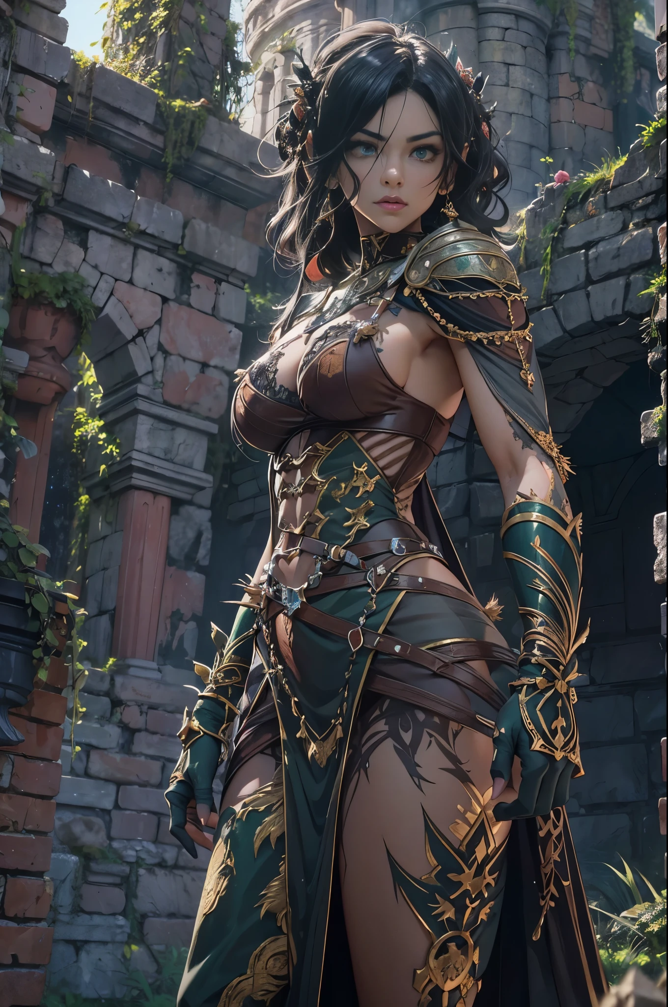 Beautiful female orc, green skin, slightly muscular, tall, long black curly hair, emerald green eyes, gladiatrix costume, amazing beautiful athletic toned body, at the overgrown cannabis sativa ruins of a medieval castle, body tattoos, Beautiful D&D Character Portrait, Ominous, Dark Fantasy, Detailed, Octane Render, Digital Art, Extreme Detail, 4k, Ultra Hd, Polished, Beautiful, Hyperdetailed, Intricate, Elaborate, Anime Character, Detailed, Sharp Focus, Wlop, Character Design, Unreal Engine, 3d Rendered, Volumetric Lighting, Reflections, Glossy, Digital Illustration, Sensual Pose, Suggestive Pose, Full Body Shot, anatomically correct, 💖❤💕💋❣