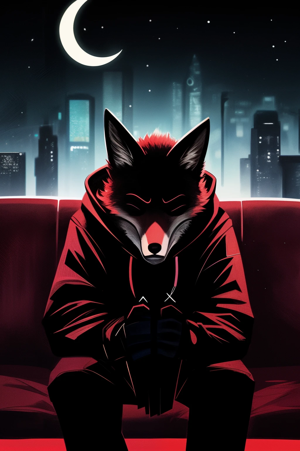 A fox man, solo, sits on an aged leather couch, deep in thought. The setting is dimly lit, with the warm glow of a neon cyberpunk lamp casting an intriguing light over his determined features. Wearing a hoodie with intricate fox designs, his anthropomorphic ears twitch, betraying his inner turmoil. His eyes are closed, and he wears high-tech headphones, playing soft, ambient music that fills the room with a sense of dramatic tension. The background shows a star-filled night sky, with the faint silhouette of a crescent moon. The fox man's body is highlighted by the dynamic blur around him, emphas