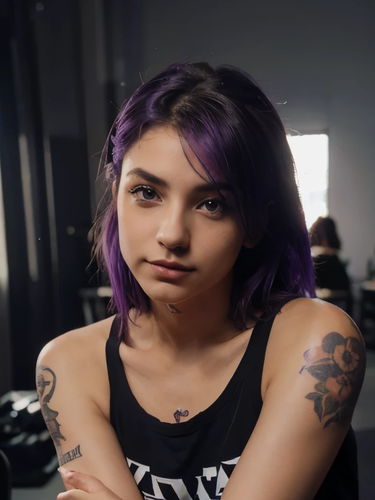 egirl, cute, tatuaje de lobo morado en el antebrazo derecho, foto para instagram, ultra realista, sombras profunda