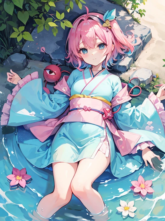 best quality、one girl、Komeiji Satori(Pink hair short hair)small breasts、Too erotic kimono、clavicle、transparent、Too erotic pussy、 that are too erotic、breasts are saggy、embarrassing、lying down in shallow water、Kimono is coming off、The body of the drenched、Raising the armpits
